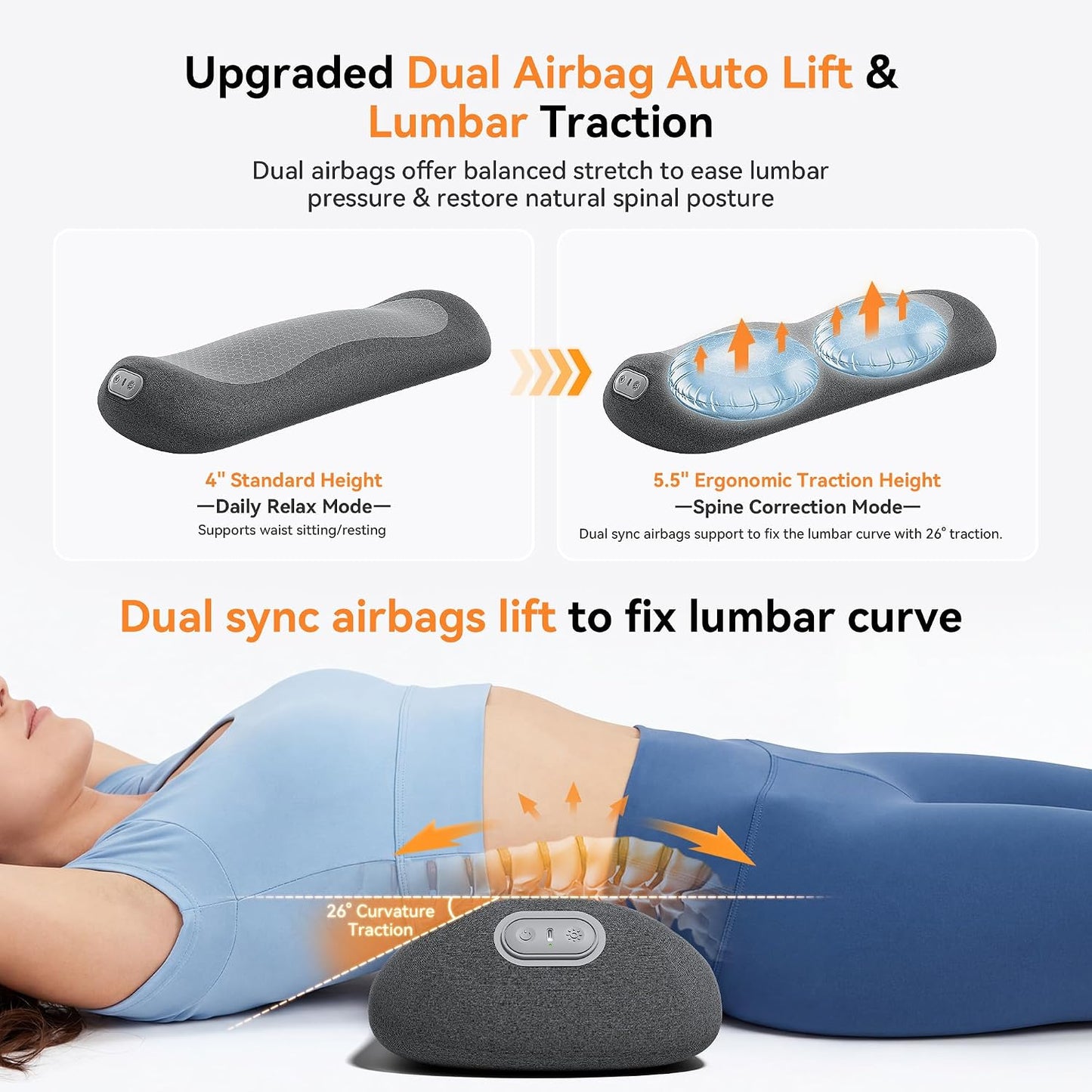 Yunari 2026 Upgraded Cordless Triple Fusion Back Massager, Lumbar Support Pillow with Heat, Vibration and Dual Airbag Stretching, Ideal for Home, Office, Car and Travel(Gray,5.79"/10.91"/7.68")
