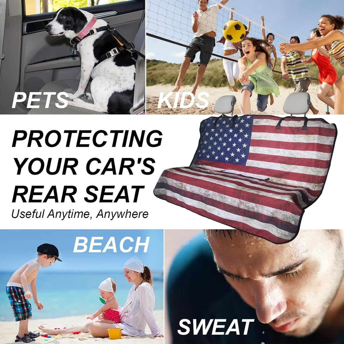 Sweat Towel Car Seat Cover Protector Front Seats for Gym Workout, Running, Swimming, Beach and Hiking, Waterproof Universal Seat Cover for Car, Trucks, Van & SUV (1, American Flag, Rear Seat)