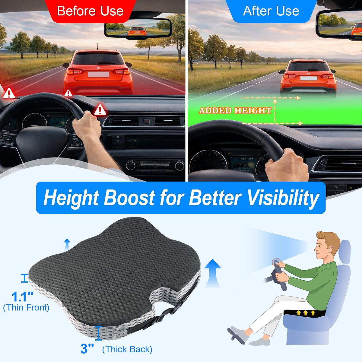Car Seat Cushion for Driving, Wedge Driver Seat Cushion for Car | Memory Foam Car Seat Cushion for Long Driving, Car Cushion for Height, Non-Slip Base for Driver, Trucks, Office Chairs, Black