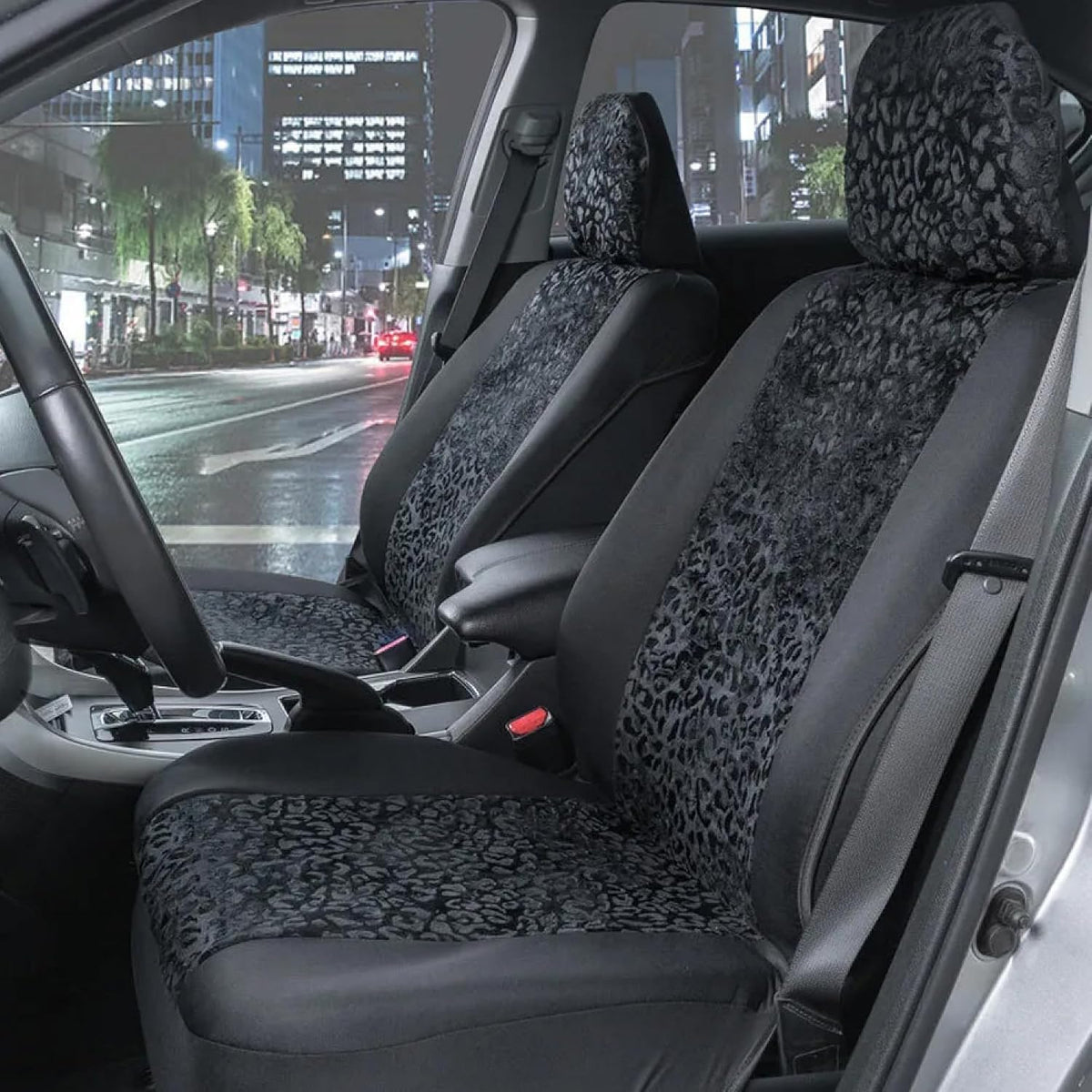 BDK Black Leopard Car Seat Covers for Front Seats, Animal Print Front Seat Cover Set with Matching Headrest, Sideless Design for Easy Installation, Fits Most Car Truck Van and SUV, (Pack of 2)