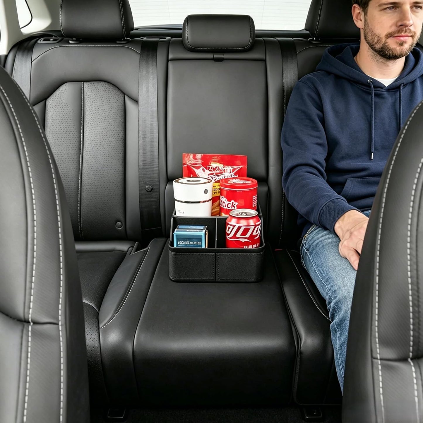 Car Storage Organizer Between Seats,Center Console Armrest Storage Box Back Seat Organizer with Small Compartment Car Interior Storage Box,Cup Holder Tray with Non-slip Mat(Black)