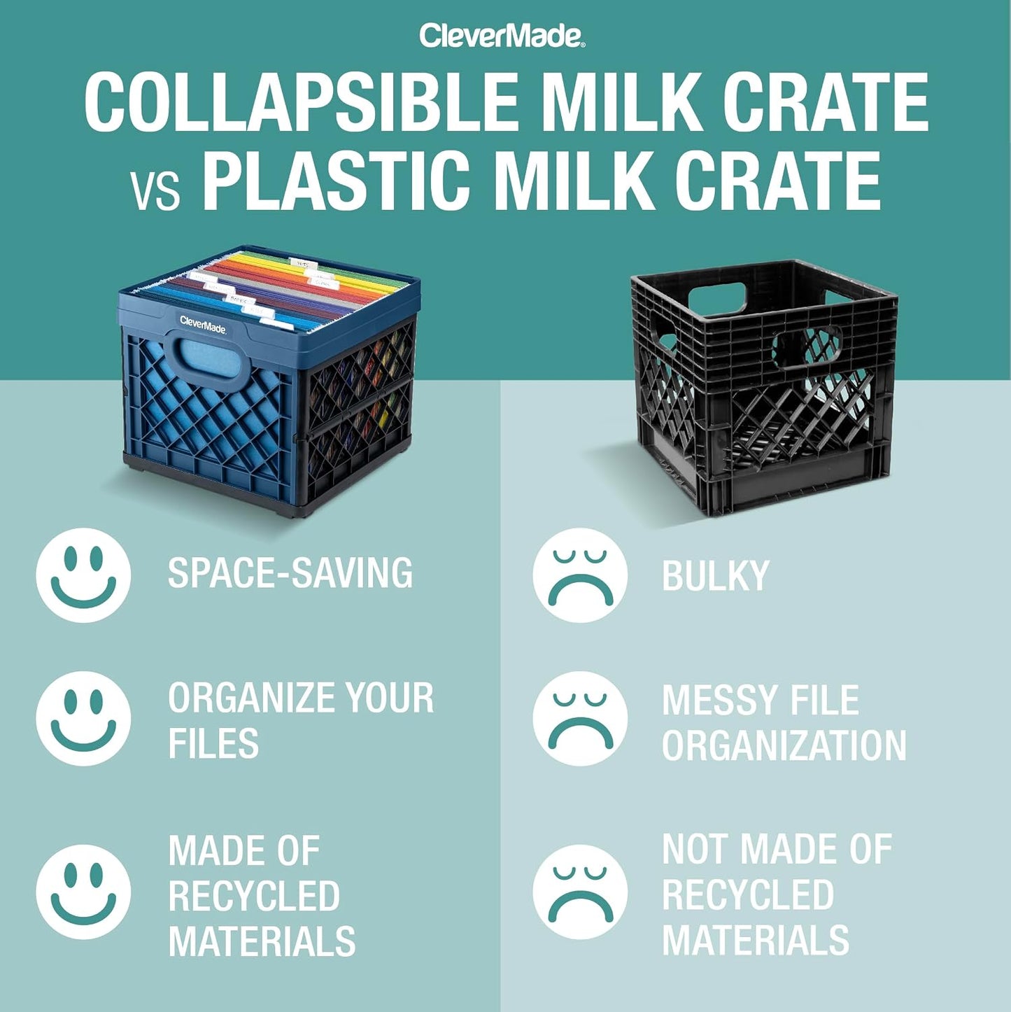CleverMade Heavy Duty Collapsible Milk Crate, 25L, 3 Pack, 50 lb, Stone | Stackable plastic storage crate with file rails for hanging folders and organizes garages, classrooms, offices and car trunks