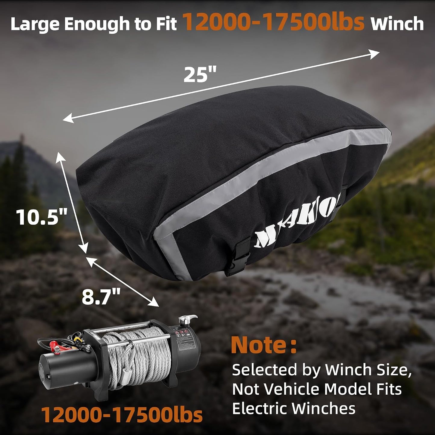 12000 lb Winch Cover, Heavy Duty Waterproof Protective Cover with Adjustable Straps Fasten, Outdoor Windproof Covers for Electric Winches Accessories with Reflective Trim, 25"x10.5"x 8.7"(LxHxW)
