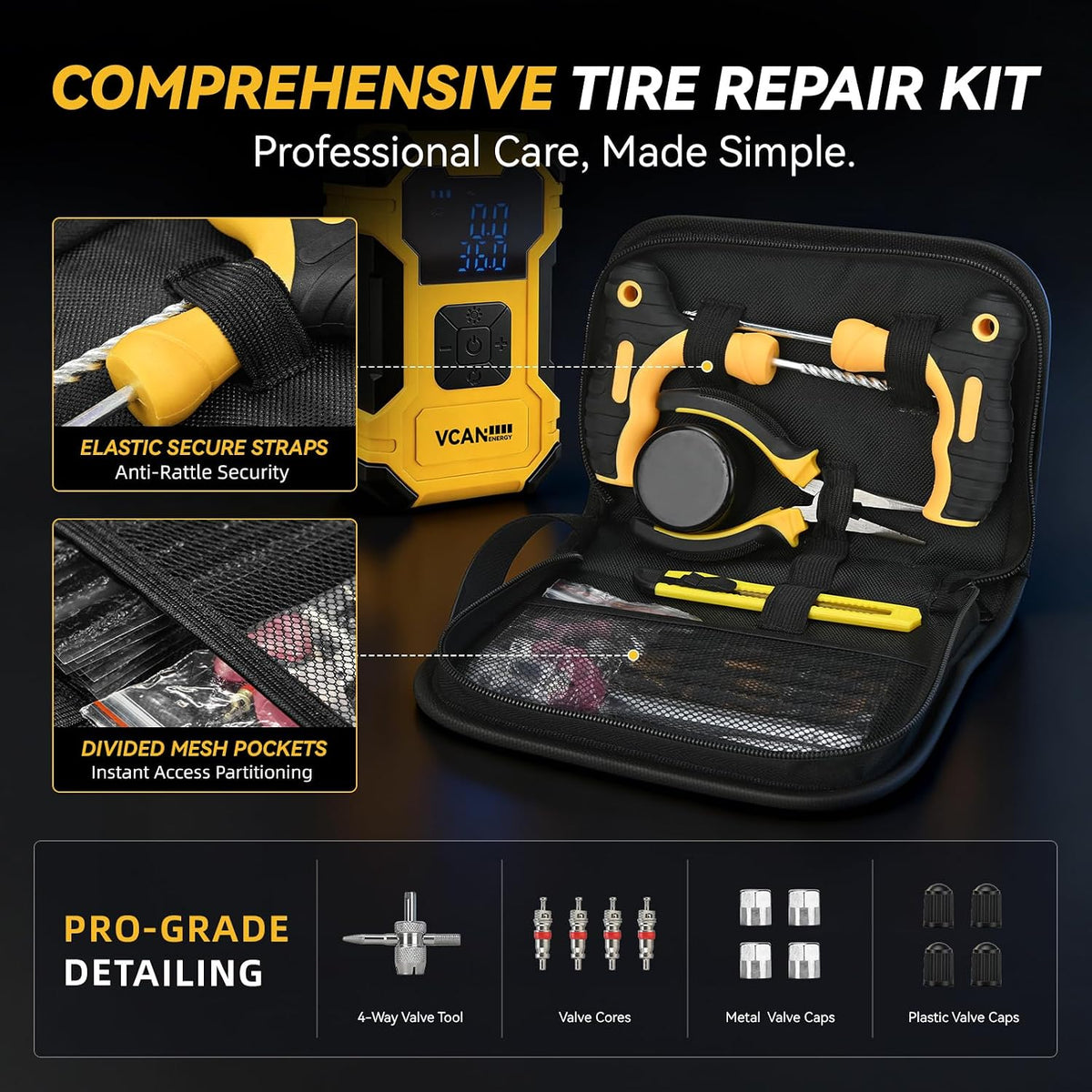 Flat Tire Repair Kit with Air Compressor, 150PSI Portable Air Pump with Auto-Stop & LED, Heavy Duty Tire Plug Kit for Car, SUV, Truck, Jeep, Motorcycle, Roadside Emergency Assistance (YELLOW)