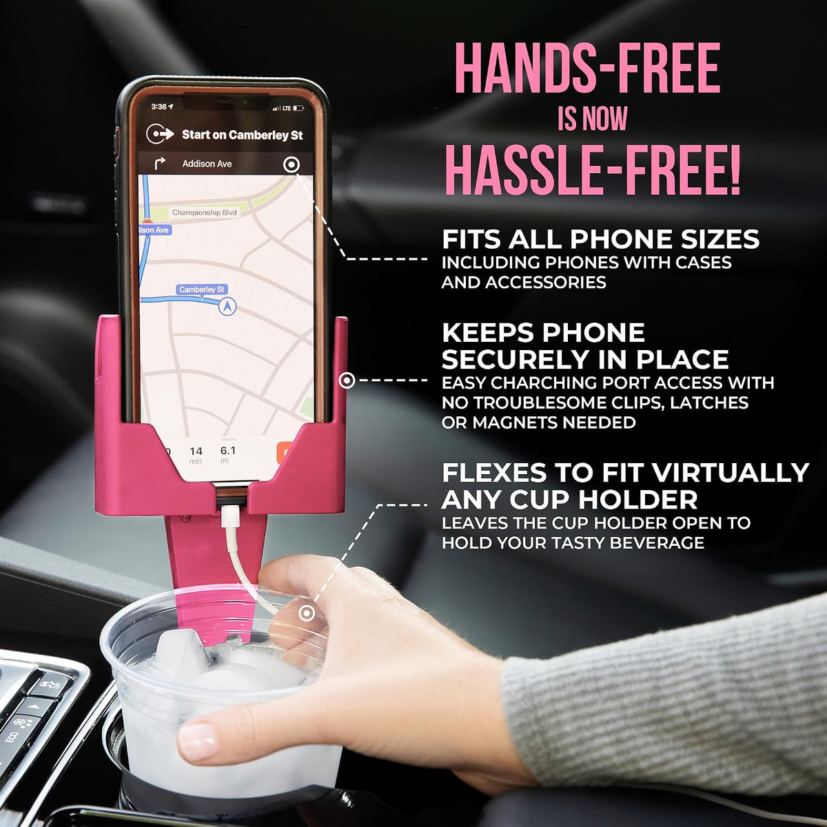 Cup Holder Phone Holder Mount for Car - Universal Adjustable Expander Cradle Hands-Free Driving - Compatible with All Smartphones Car Mount for iPhone Samsung Google Android Mobile Accessories Pink