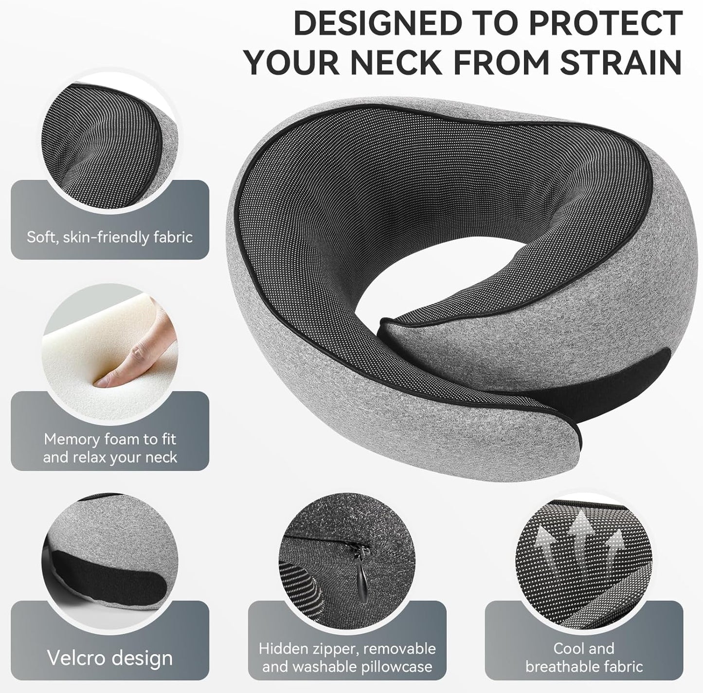 SZXYX Travel Pillows - 100% Pure Memory Foam Neck Pillow for Airplanes, Comfortable Breathable Cover, 360° Support Stowable Pillows for Sleeping, Car, Airport Travel Essentials Dark Grey