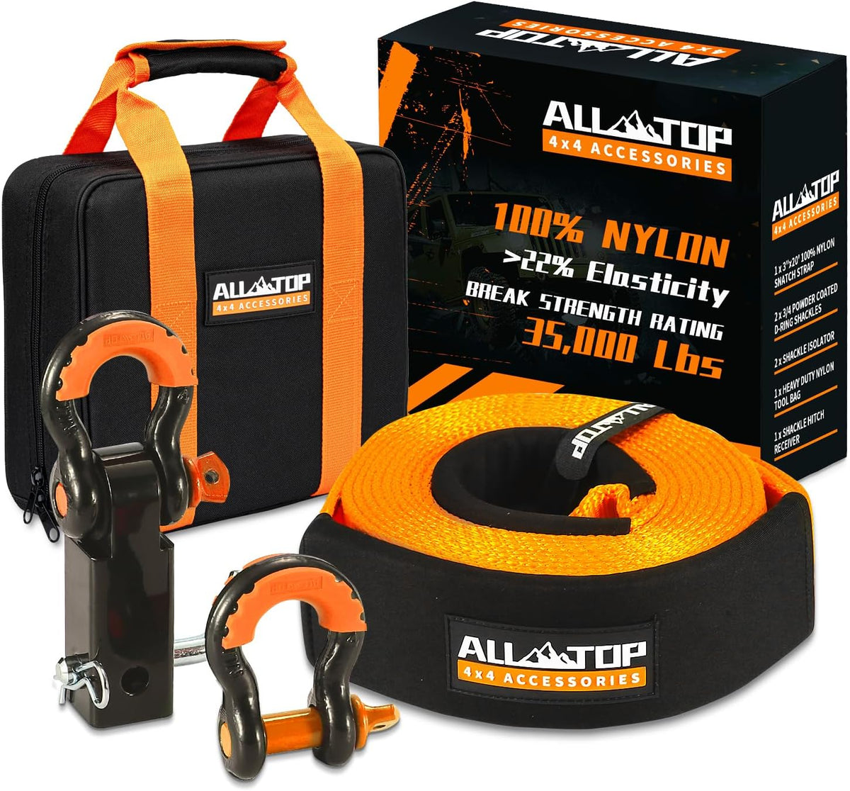 ALL-TOP Extreme Duty Tow Strap Recovery Kit: 4inch x 20ft (46,500lbs) 100% Nylon and 22% Elongation Snatch Strap + 3/4 Heavy Duty D Ring Shackles (2pcs) + Storage Bag