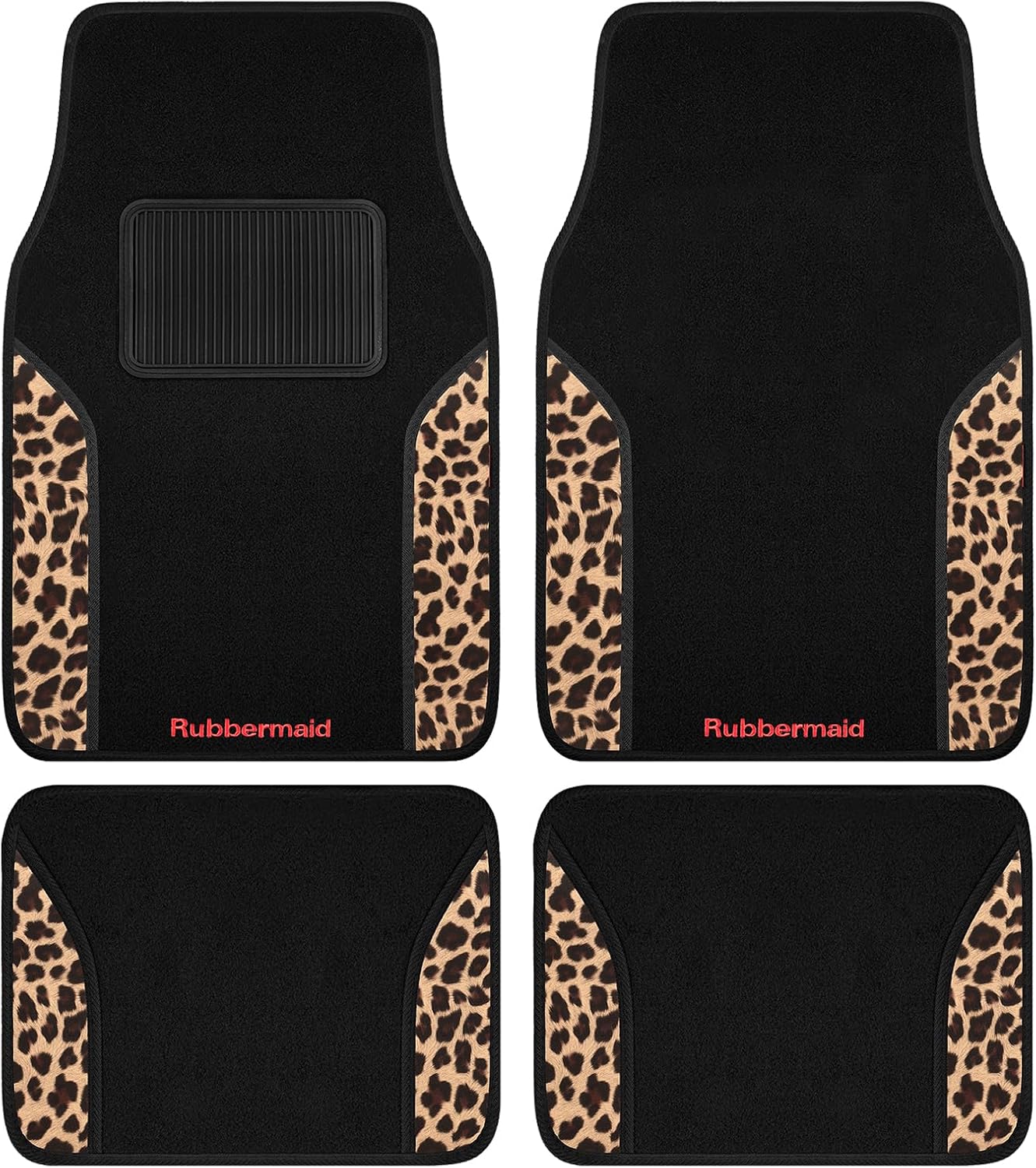 Rubbermaid Car Mats, Carpeted Floor Car Mat with Faux Leather & Built-in Heel Pad, Two-Tone Car Rug Floor Mats, Stylish Carpeted Floor Mats for Cars, Trucks & SUVs Leopard Patten Design