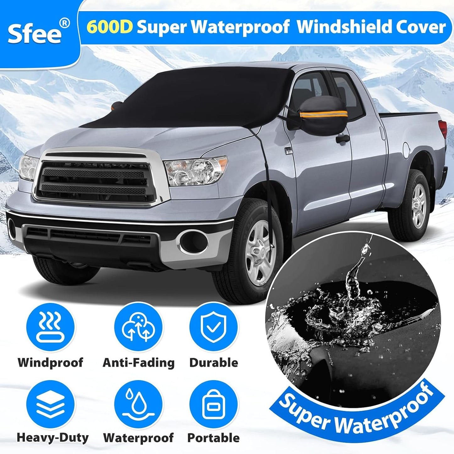 Sfee Windshield Cover for Ice and Snow,Heavy-Duty 600D Waterproof Windshield Snow Cover With 2 Mirror Covers, All-Weather Magnetic Frost Guard Winter Car Snow Cover Fit Car, Truck, Suv,Van (77" X 47")
