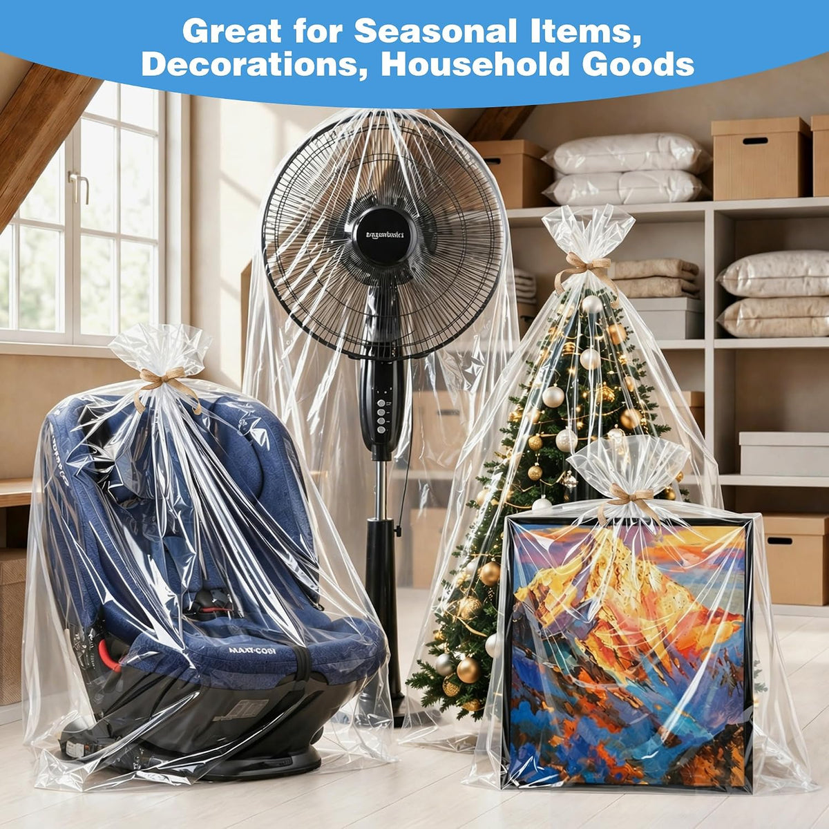 5 Pcs Extra Large Clear Plastic Bags, 40" x 60" Jumbo Waterproof Storage Bags with 5 Jute Ribbons for Car Seat, Stroller, Furniture & Luggage, Moving (2.36 Mil Heavy Duty)