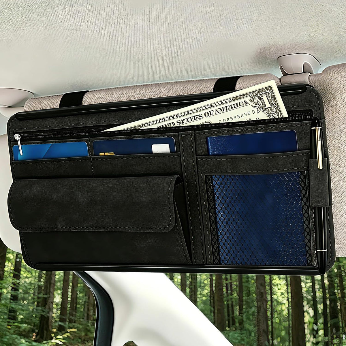 Car Sun Visor Organizer, Visor Accessories, Leather Sunvisor Pocket Organizer Case with Multi-Pocket Net Zipper, Waterproof Auto Sunshade Organizer Bag for Card Pen Sunglasses Document (Black)