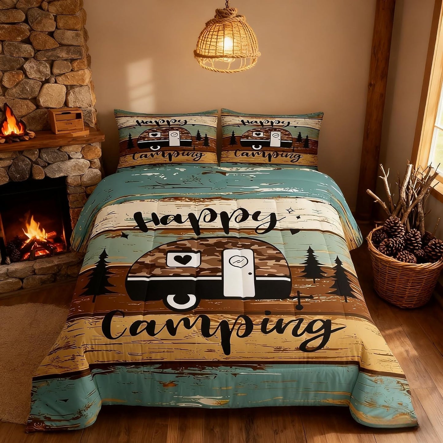 Manfei Rustic Adventure Camper Kids Comforter Set Twin Size,Happy Camping Farmhouse Cabin Lake House Bedding Set,Wooden Plank Pine Nature Quilt Comforter,Brown Retro Duvet Insert,1 Pillowcase