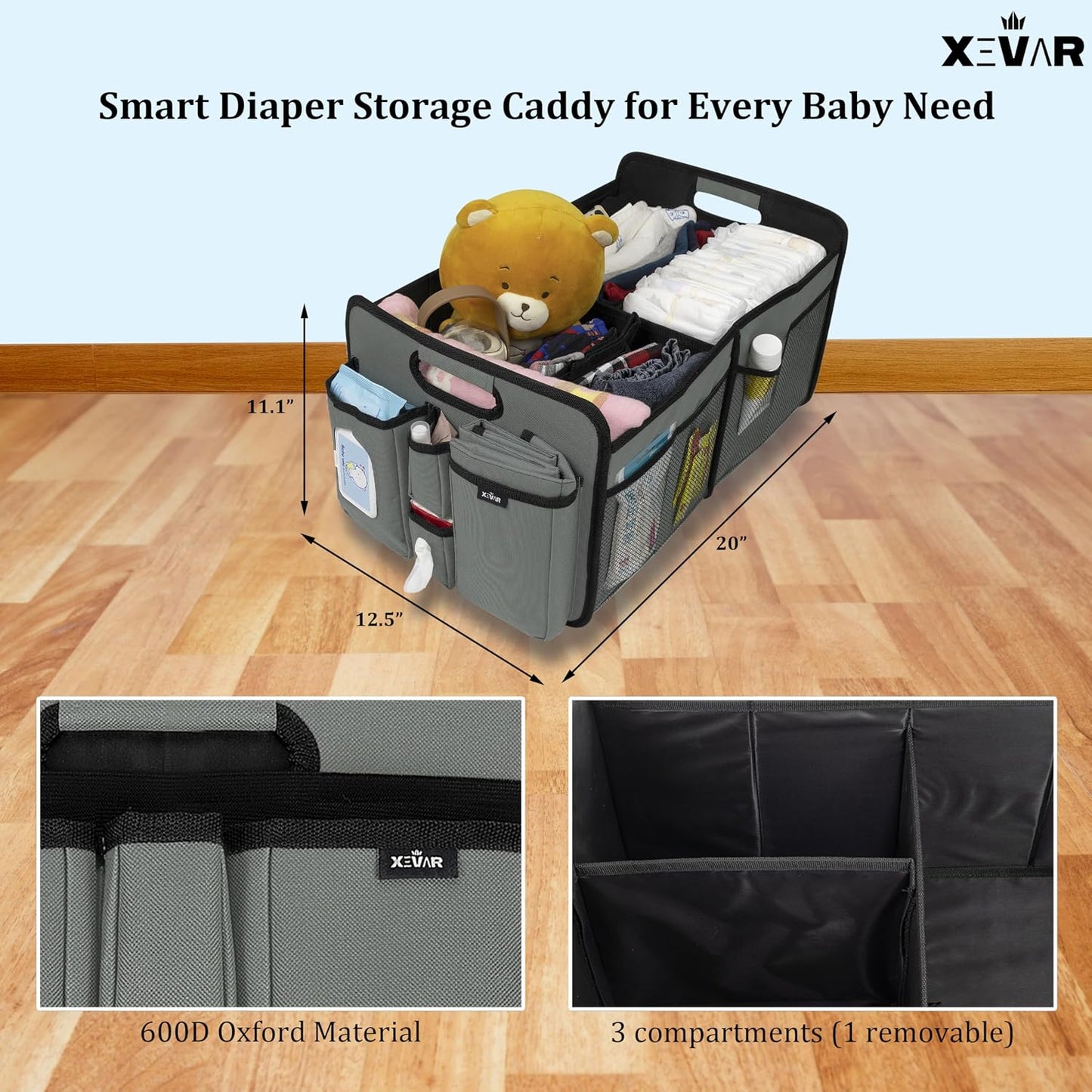Baby Diaper Caddy Organizer with Changing Mat - Portable Car Caddy for Newborn Essentials, Diapers &amp; Wipes, Perfect for Baby Shower and New Mom | Oxford Fabric, Grey
