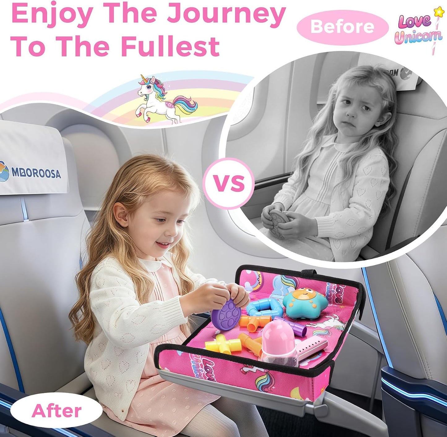 COOLBEBE Airplane Tray Table Cover, Foldable Travel Tray Cover for Toddlers 1-3, Universal Fit for Airplane, Car Seat, High Chair, Machine Washable, Portable, Pink Unicorn