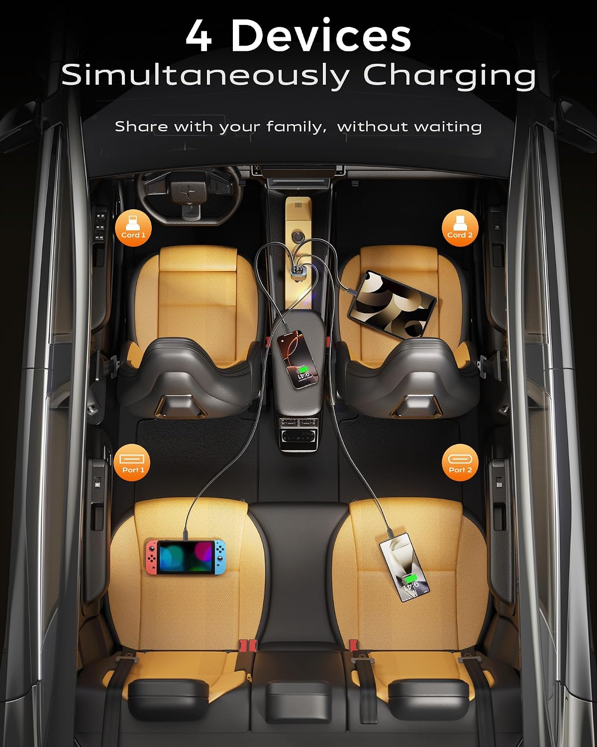 iPhone Car Charger, Retractable Fast USB C Phone Charger, 4 in 1 Cigarette