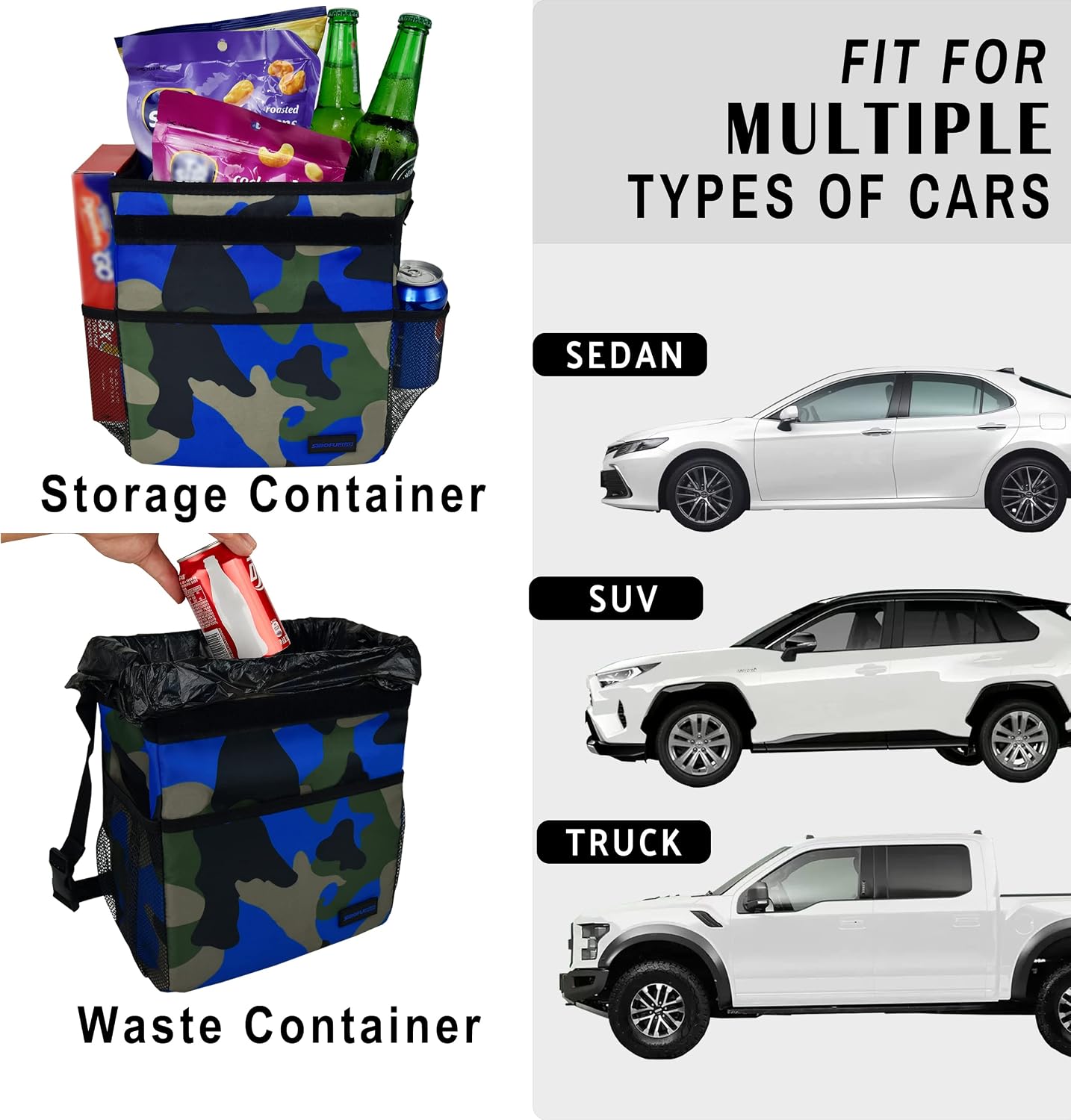 SIBOFUEGO Cute Car Trash Can with Lid – Multipurpose Collapsible Trash Bin for Car, Leak-Proof Organizer, Waterproof Garbage Can with Storage Pockets & Adjustable Straps, 2 Gallons (Camo Blue)