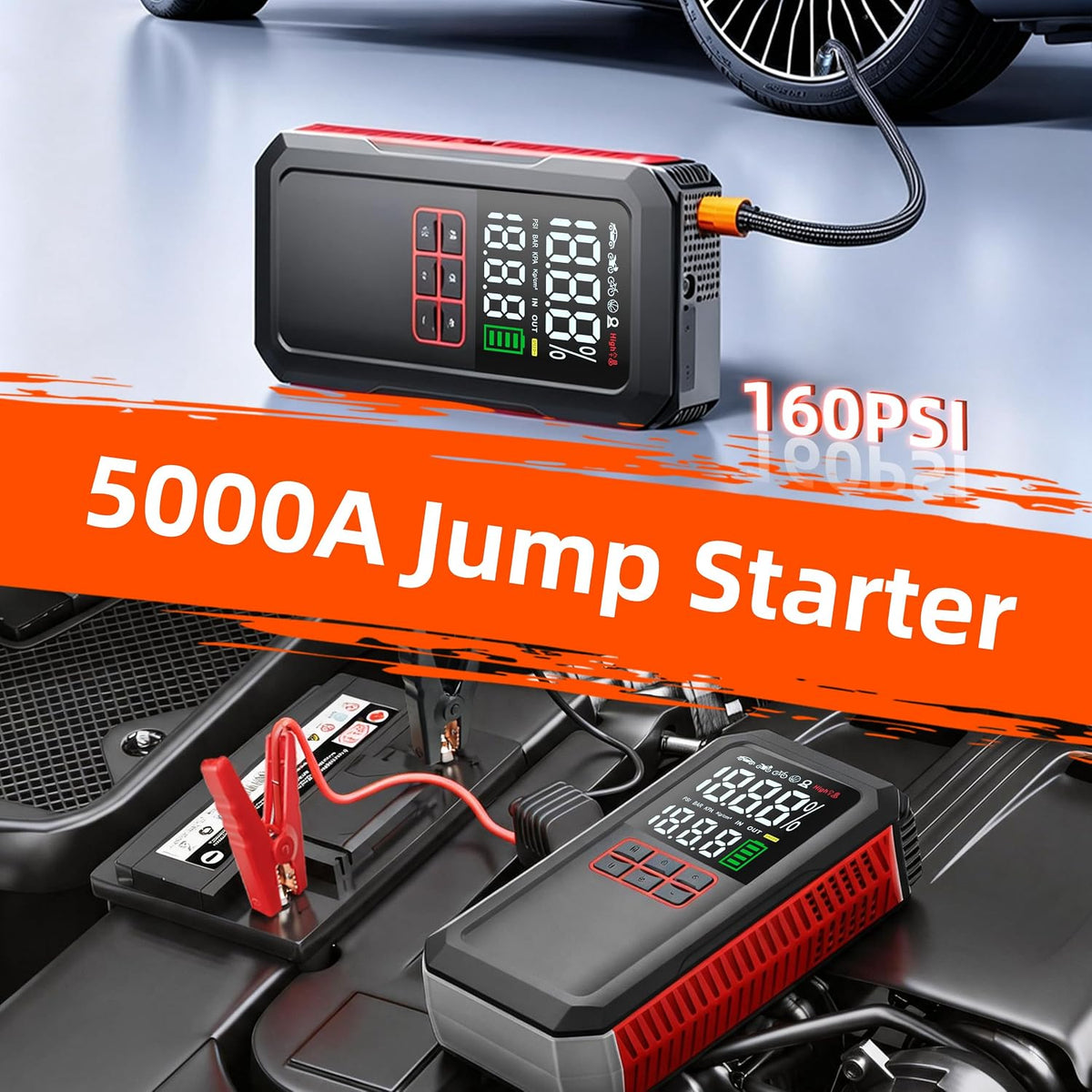 5000A Car Battery Jump Starter with Air Compressor 160PSI, Battery Jumper Starter Portable 7.0L Gas/6.0L Diesel, Jumper Cables, Car Battery Charger with Power Bank & Light, Roadside Emergency Kit