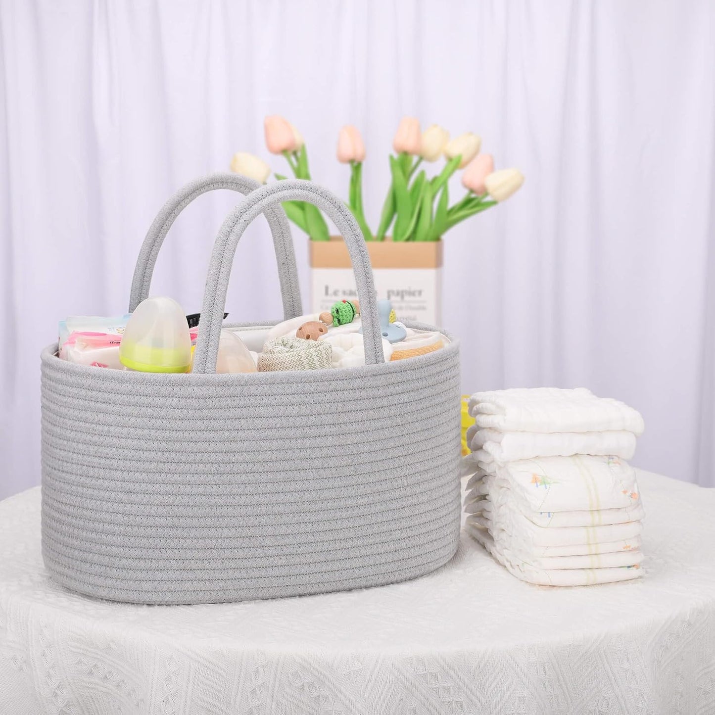 COMSE Baby Diaper Caddy Organizer, Car Caddy, Diaper Change Organizer, Gift Baskets Empty, Portable Tote Bag with Divider, Baby Shower Gifts Newborn Essentials Registry Must Have, Cool Gray