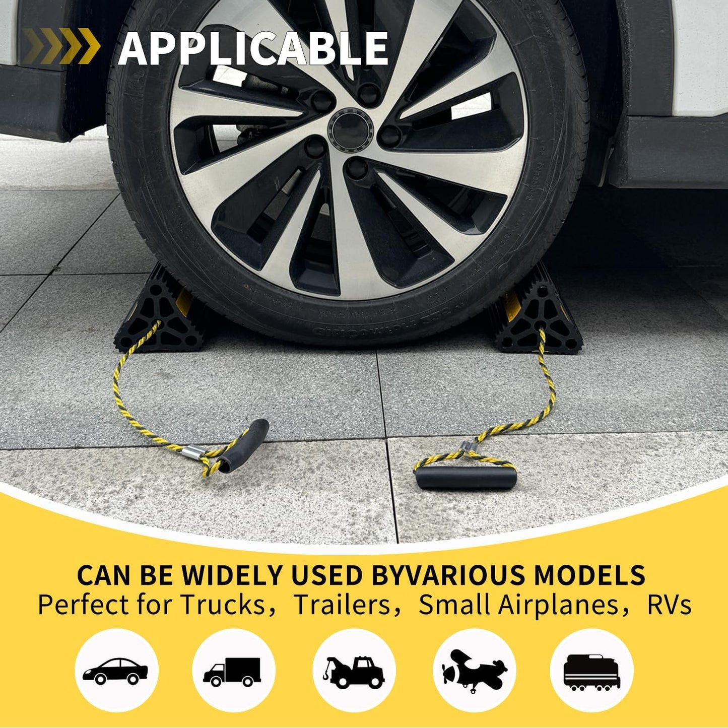 Vacallity Update Wheel Chocks for Trailer 4pc Heavy Duty Rubber Wheel Chocks with seprate Handle Rope&Yellow Reflective Tape Tire Chock Blocks for Cars Trucks Aircraft RV Camper Trailer Accessories