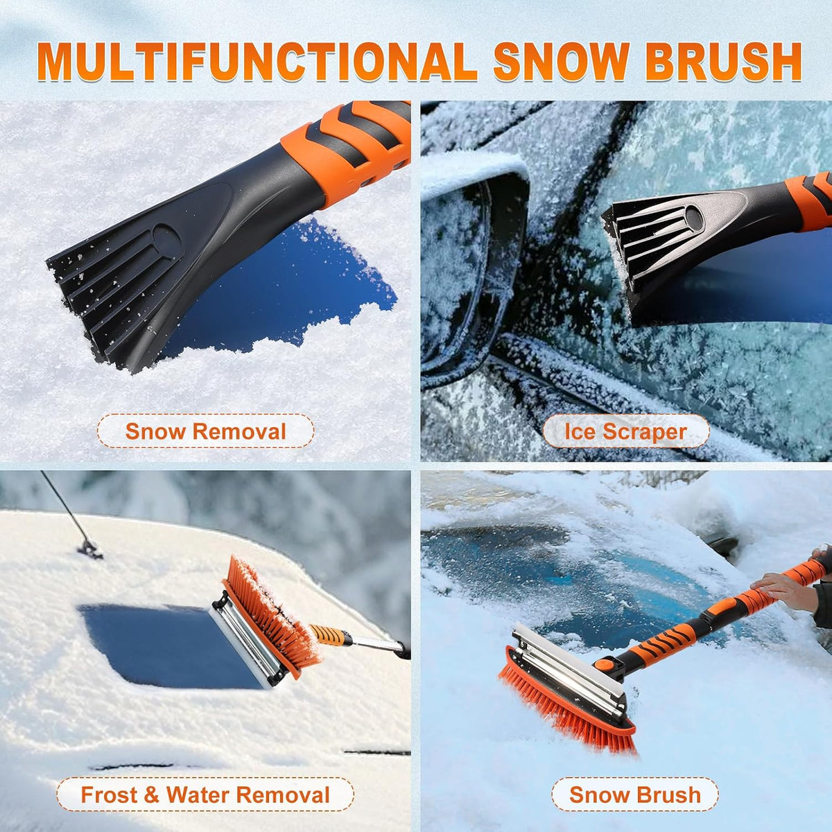 62.4" Foldable Snow Brush and Ice Scrapers for Car Windshield, Adjustable & Extendable Ice Removal Tool with Non-Slip Foam Grip, 180° Pivoting Snow Brush for Car, SUV, Truck