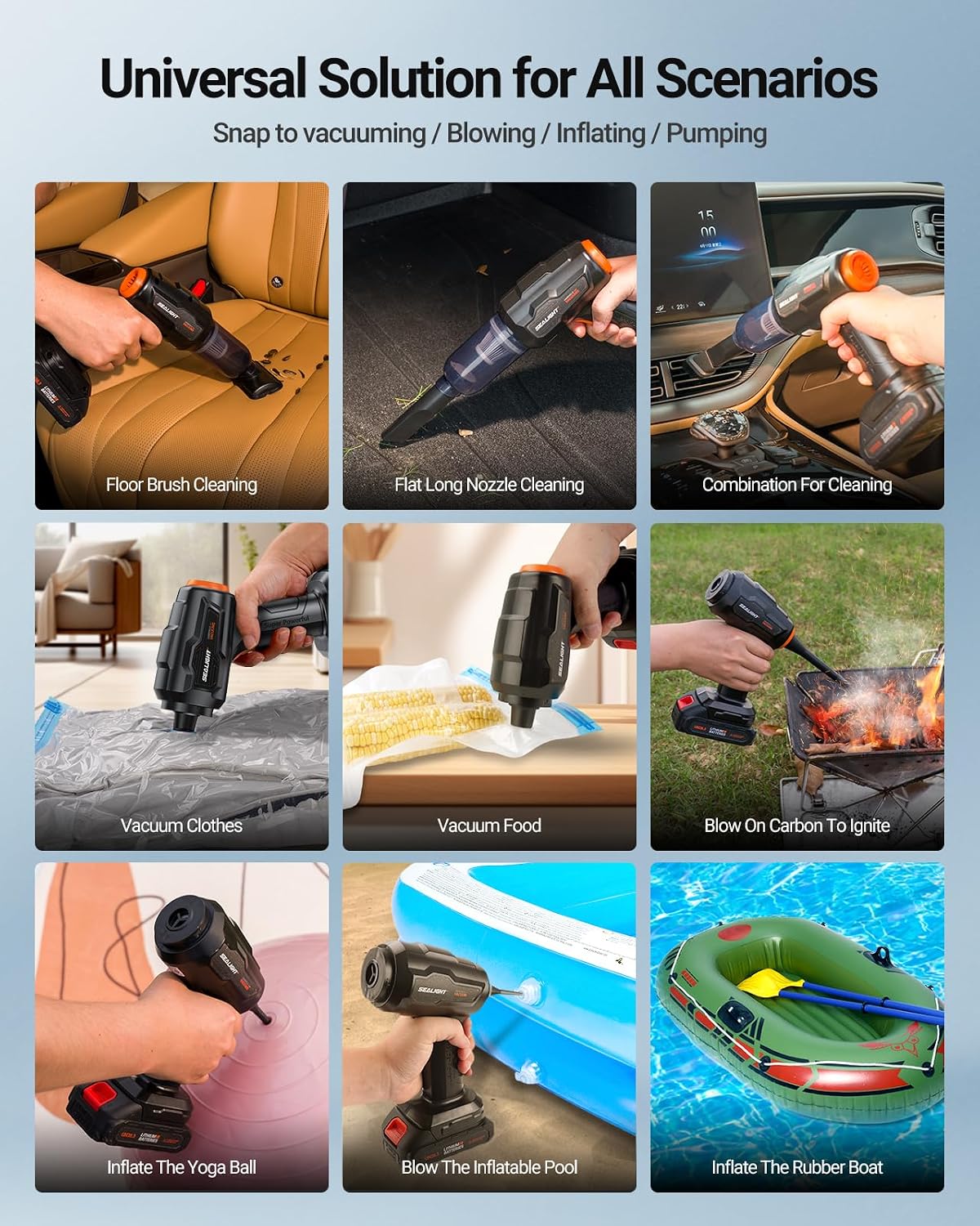 SEALIGHT Car Vacuum Portable Cordless, High Power Suction and Air Duster, 7 in 1 Handhle Vacuum