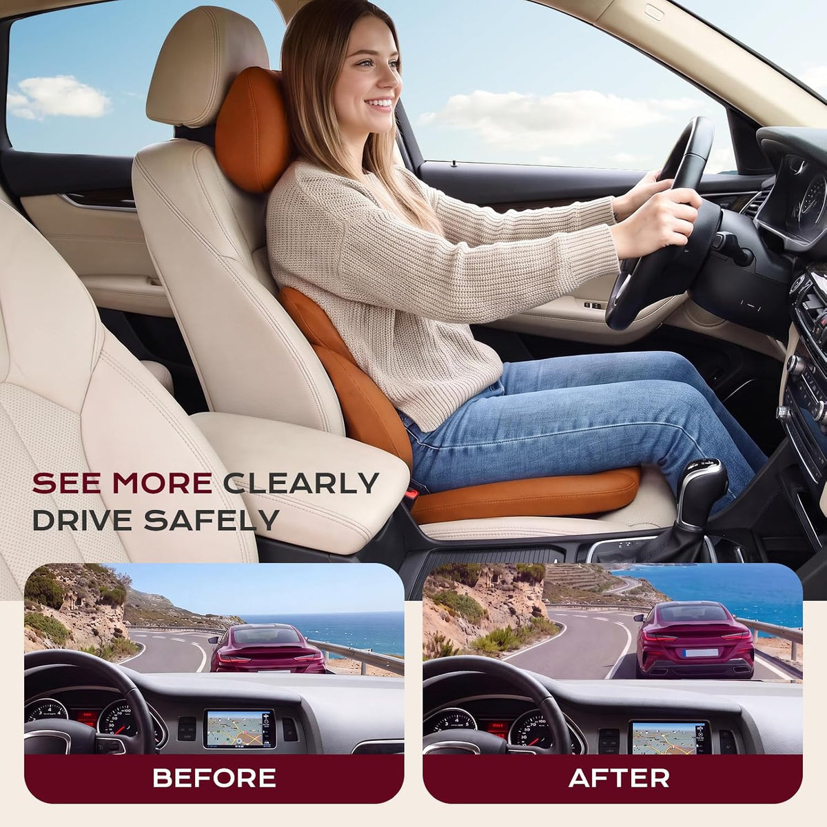 Coverado Car Seat Cushion and Lumbar Support Pillow with Headrest, Memory Foam Cooling Silk Ergonomic Cushion for Driving Back Neck Pain Relief Universal Fit Coffee