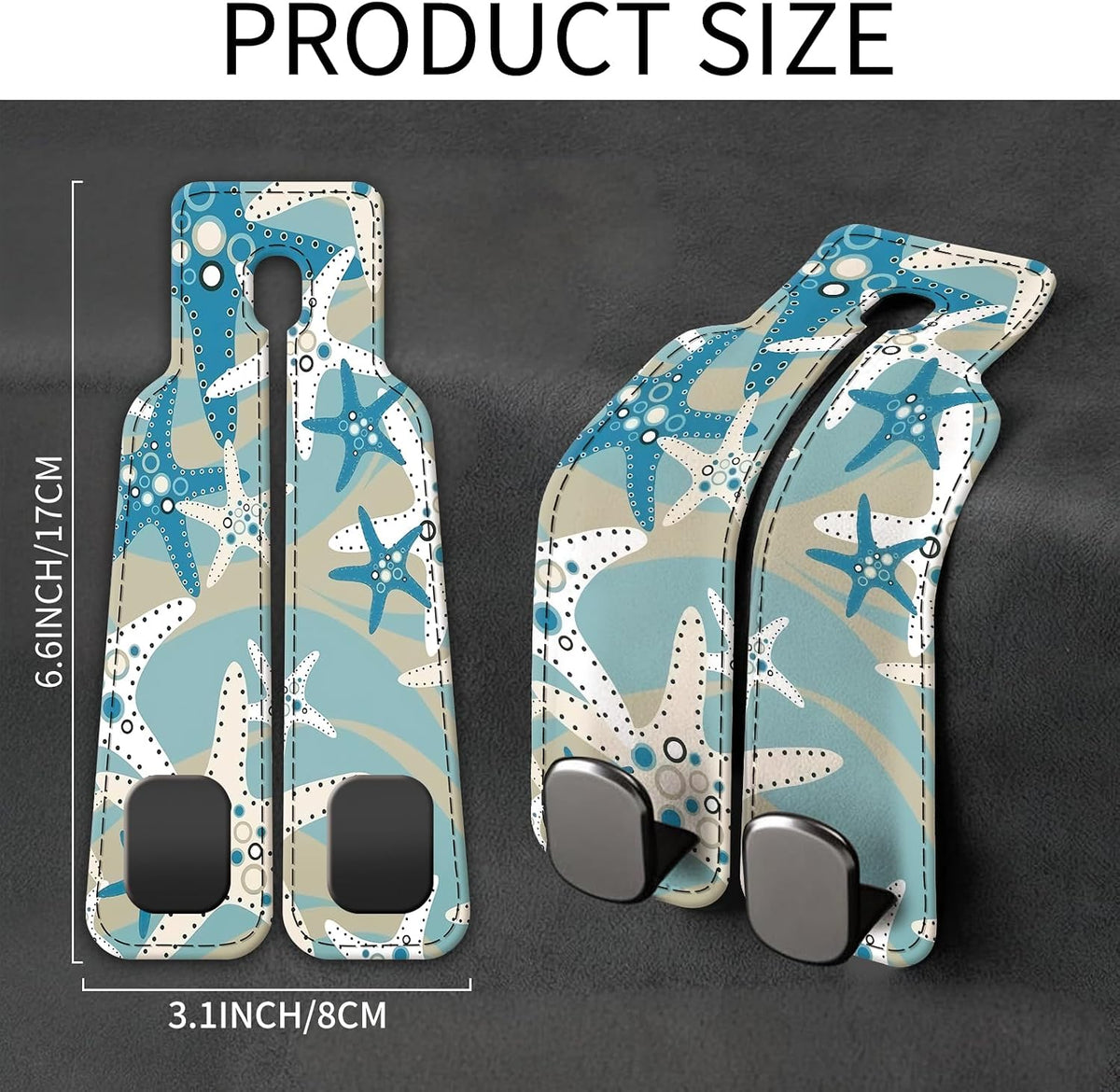 Car Seat Back Storage Headrest Hook, 1 Pack Premium Leather Double Metal Hook, Hanger Storage Organizer for Purse Cloth Bag, Car Interior Accessories Cute Blue Seastar