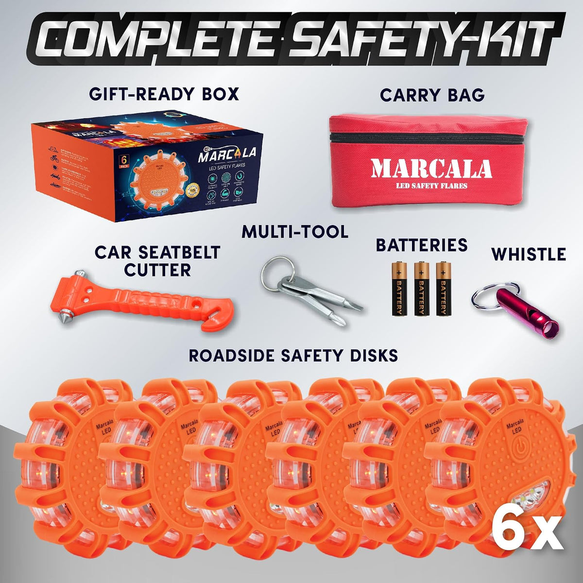 Marcala 6‑Pack LED Road Flares | DOT Compliant Emergency Lights for Vehicles with Batteries, Whistle & Case | Flares Emergency Road | Emergency Flares | Perfect For Gifting or Everyday Roadside Safety