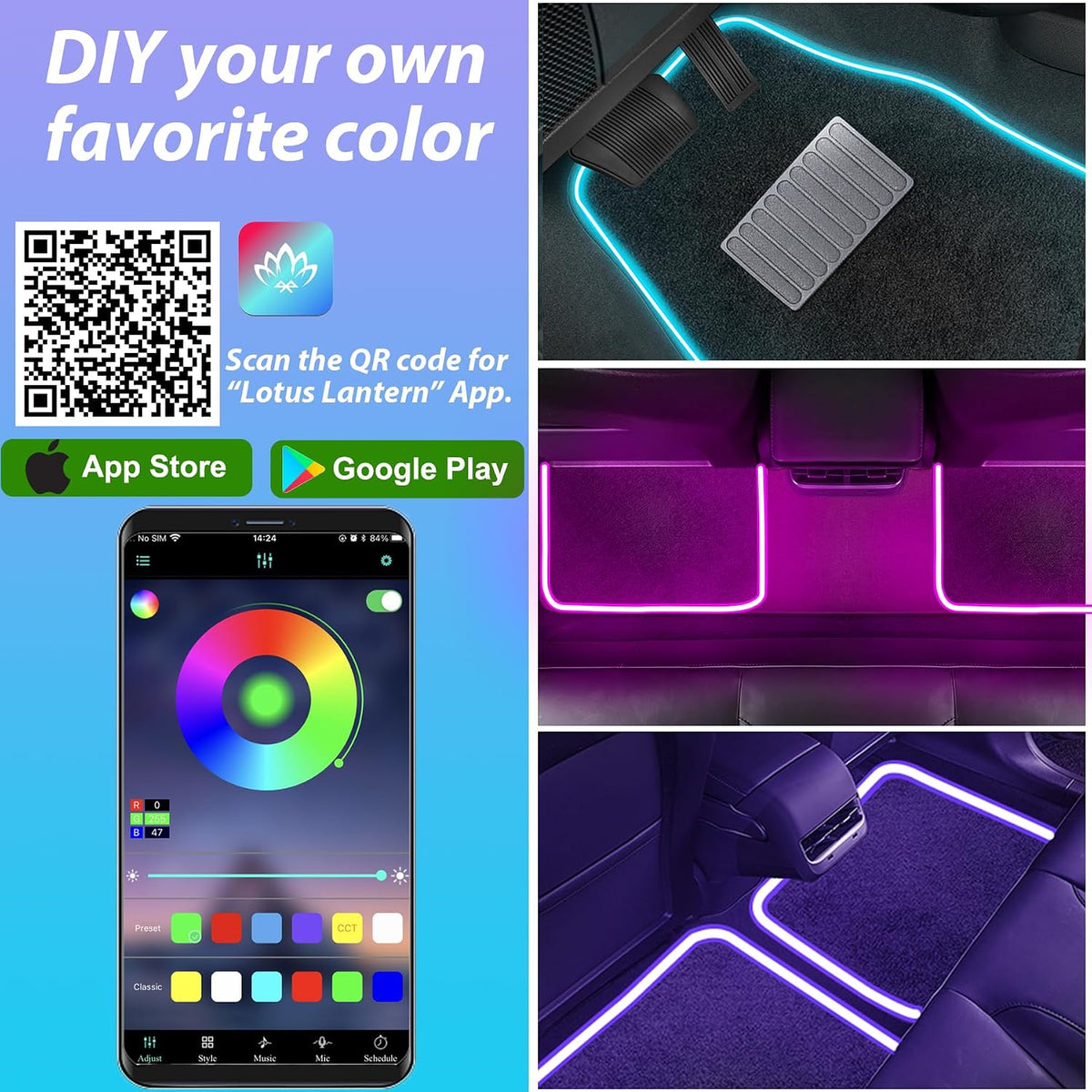 Soft Car Floor Mats with Led Strip Light, App Control Leather Interior Car Lights Floor Mats, Universal Fit Black Automotive Carpet, Anti-Slip Waterproof RGB Car Decor Accessories for SUV,Sedan,Jeeps