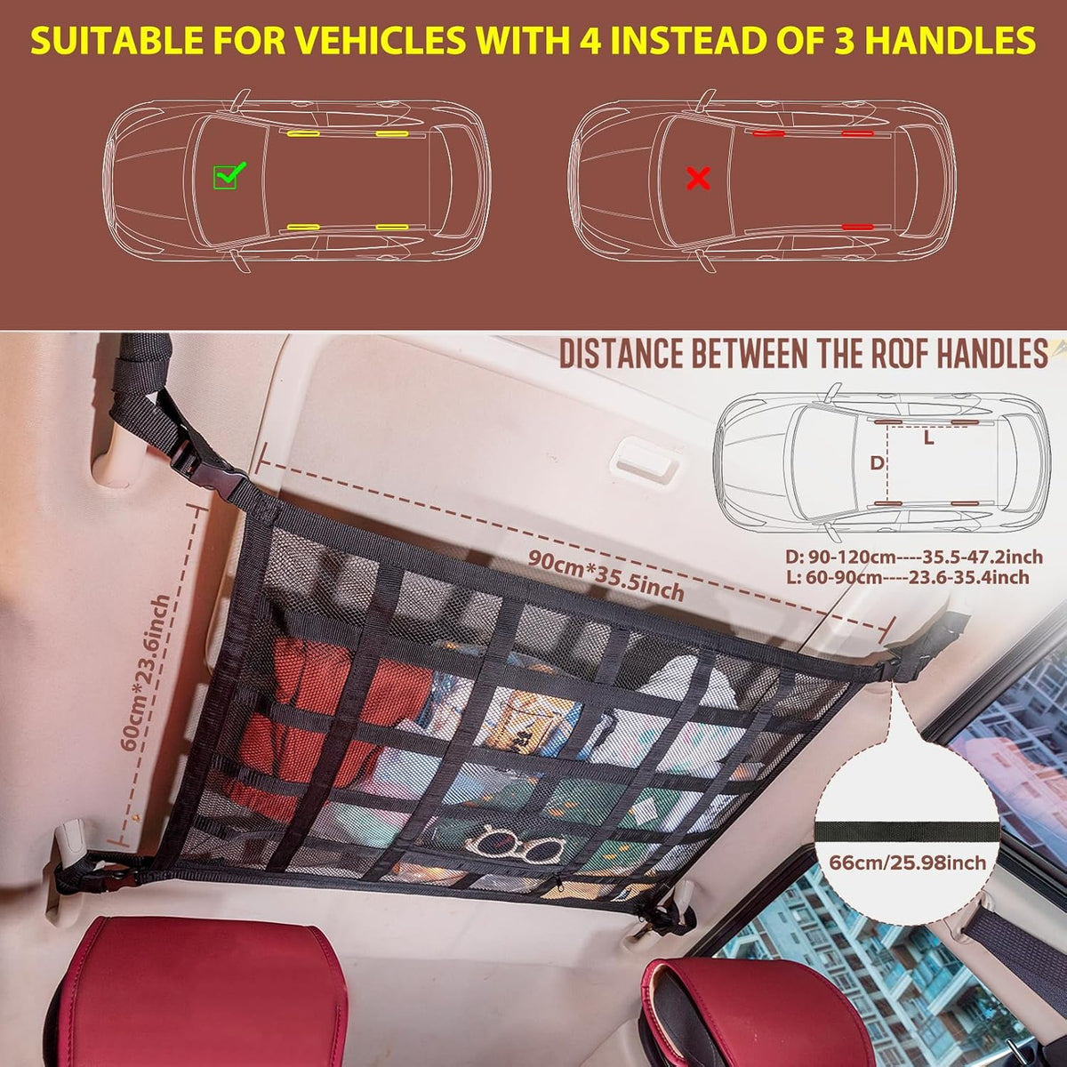 Car Ceiling Cargo Net, 35.4" x 23.6" Double Layer Overhead Storage Organizer for 4 Grab Handle Vehicles,Fits Most SUVs, Vans & Trucks,Mesh Roof Pocket for Camping & Road Trips