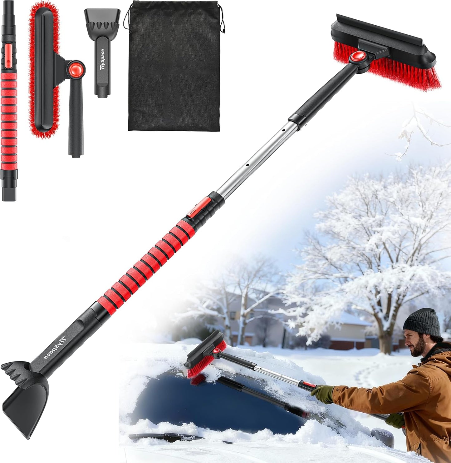 TrySpace All-Around High-Efficiency Cleaning 39 inch Extendable Snow Brush and Ice Scraper with Squeegee, Ice Scrapers for Car Windshield, Truck, SUV Snow Removal Tool, Winter Car Accessories