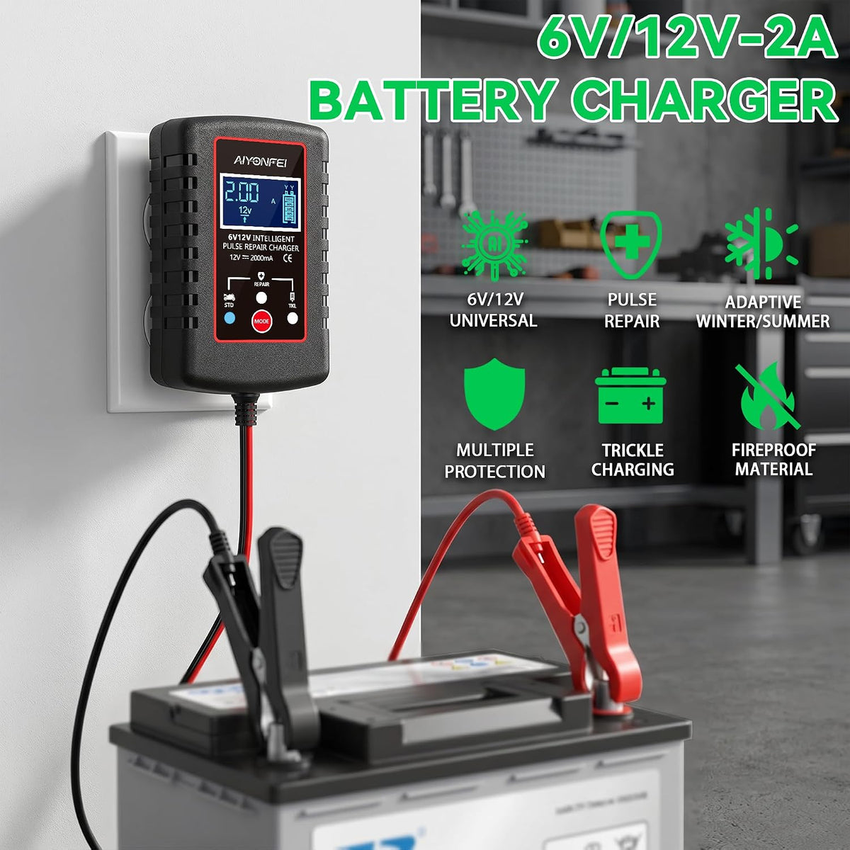 2A Battery Charger 6V/12V Smart Trickle Charger, 1 Black
