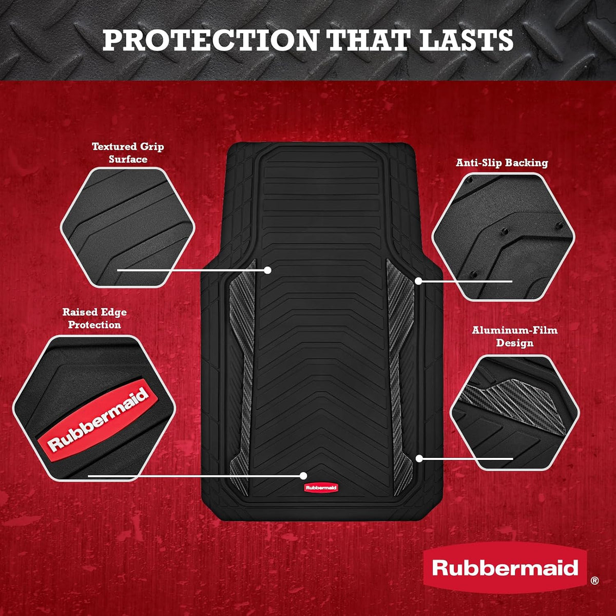Rubbermaid Car Floor Mat, Heavy Duty All-Weather Car Mats Full Set with Dual-Tone Black Aluminum Inserts – Universal Fit, Anti-Slip Backing, Trim-to-Fit for Most SUV, Sedan, Van