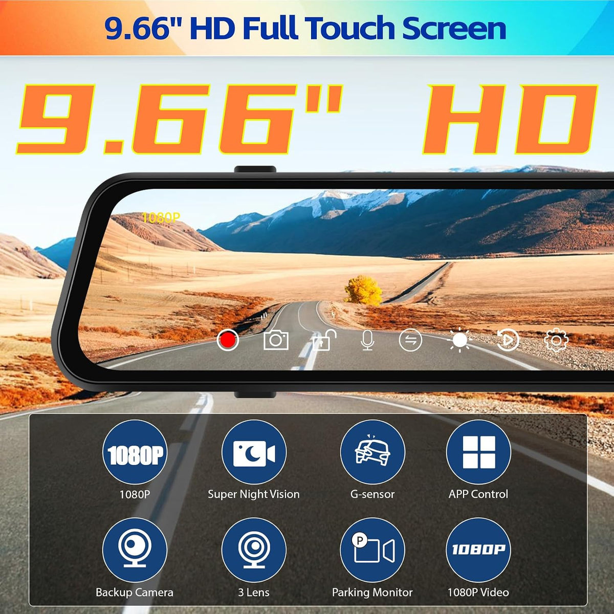 1080P Mirror Dash Cam 9.66" 3 Channel Front Rear Inside View Mirror Camera