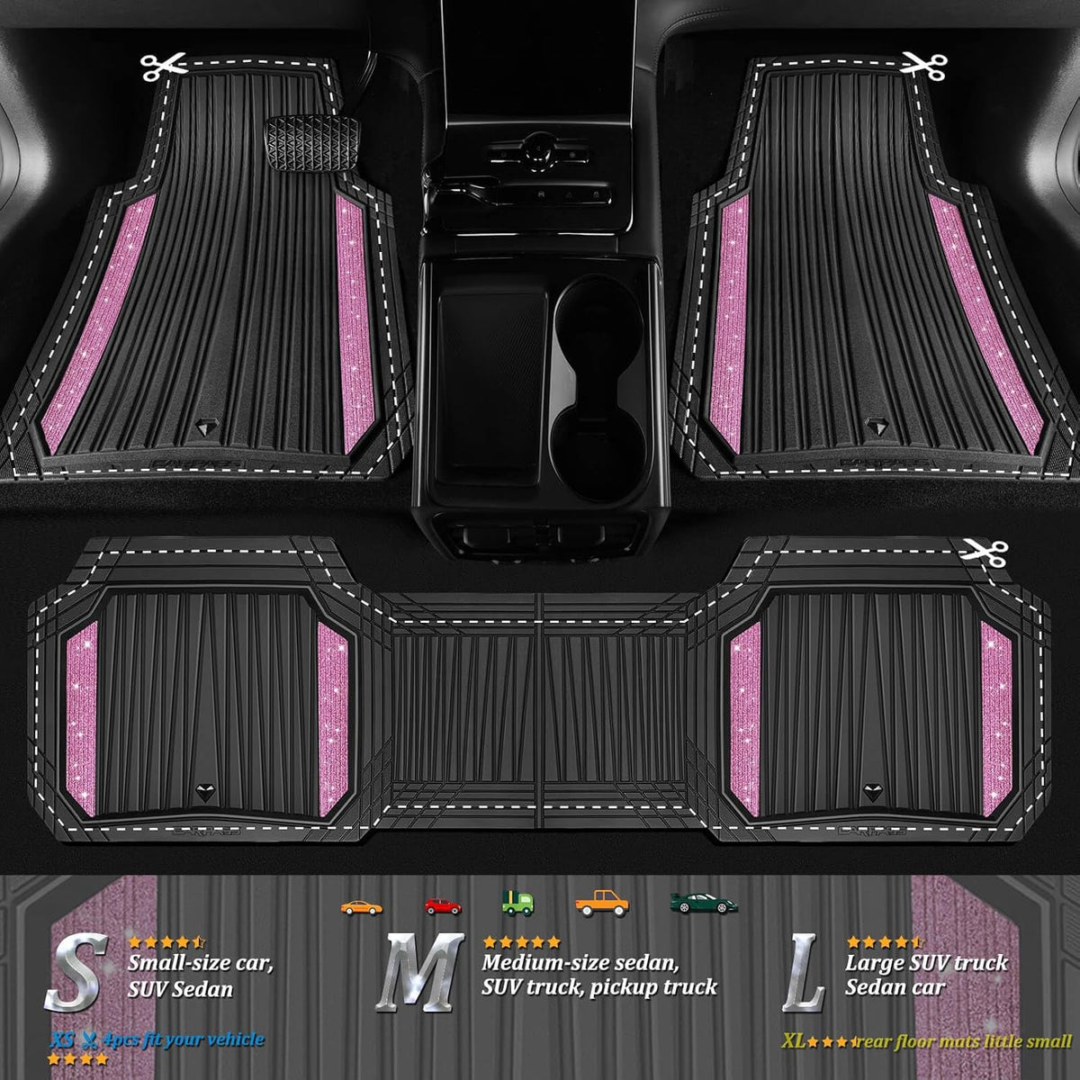 CAR PASS Bling Glitter Car Floor Mats Heavy Rubber Water Proof, Black Pink