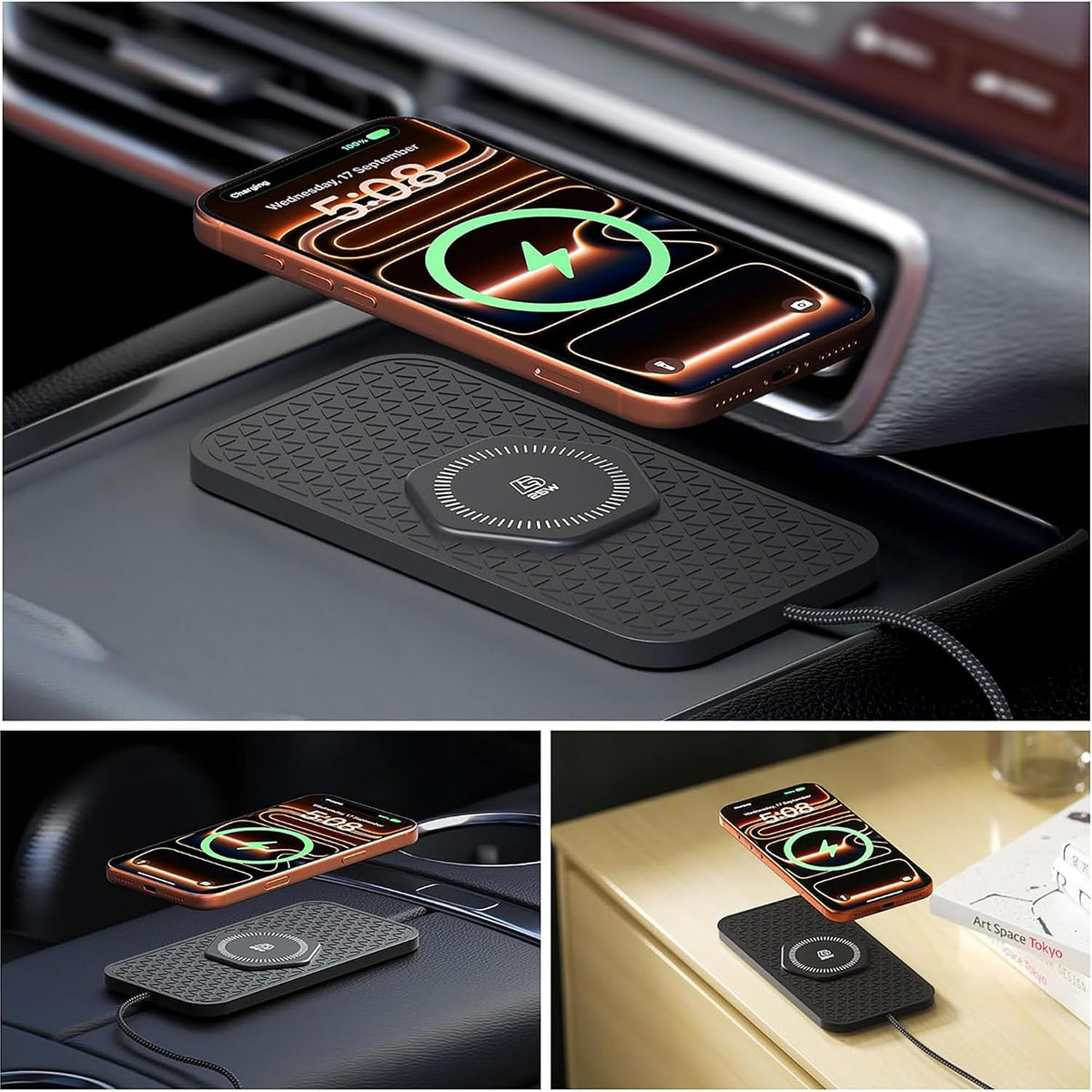Wireless Car Charger Silicone Pad, for iPhone17/16/15/14/13/12/11 Pro Max,25W Fast Car Wireless Charging Non-Slip Mat, for Samsung S21/S22/S23/S24/S25/Androids,80cm Cable, Black