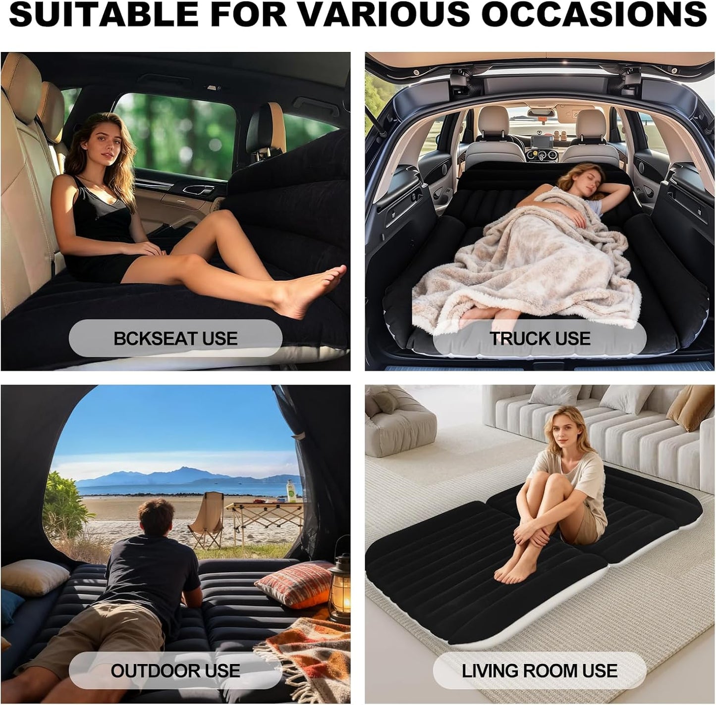 SUV Car Air Mattress – Inflatable Back Seat Bed with Electric Air Pump, Portable Camping Travel Sleeping Pad, Blow Up Car Bed (Black)