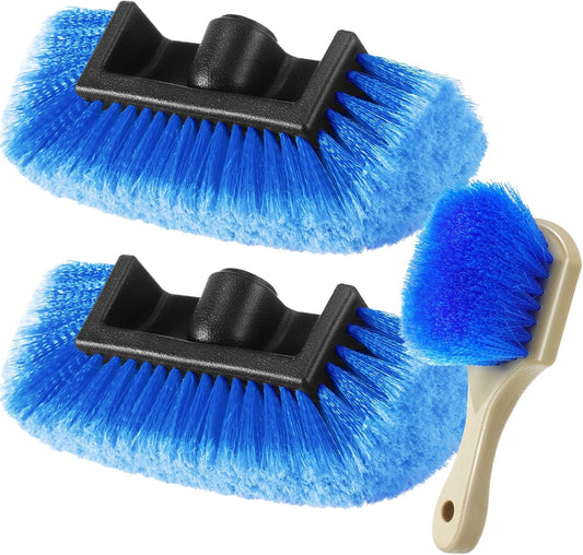 Vesici 2 Pcs 10 Inch Car Wash Brush Head with Soft Detailing Bristle Flow Through Car Cleaning Brush with 1 Pcs Stiff Bristle Wheel Brushes for Motorboat Rv Facades of Houses Wheel Carpet (Blue)