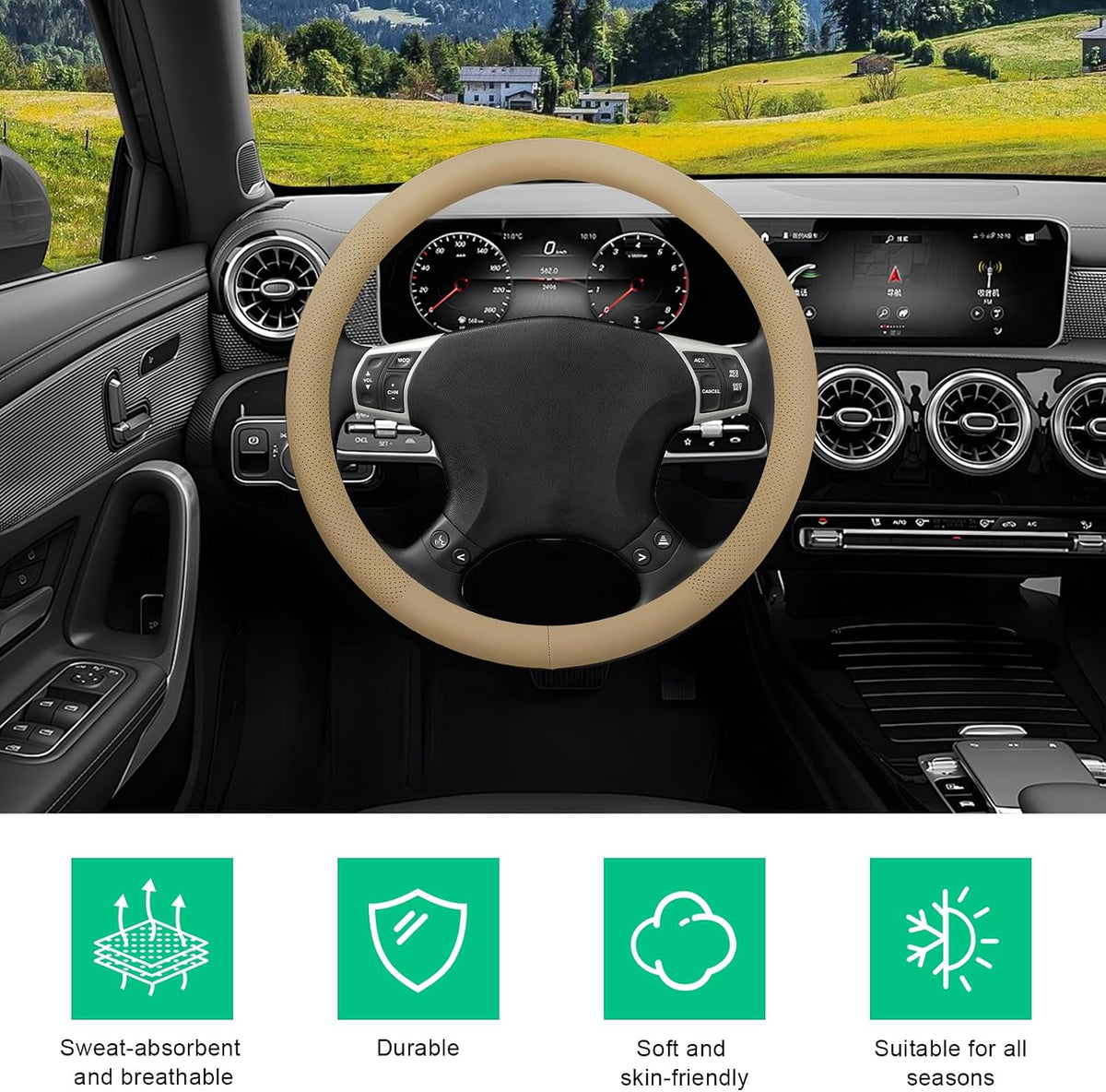 Car Steering Wheel Cover, 15" Breathable Leather Auto Wheel Protector with Comfortable Grip, Non-Slip Perforated Steering Wheel Protective Cover for SUV Truck Sedan Van (Beige)