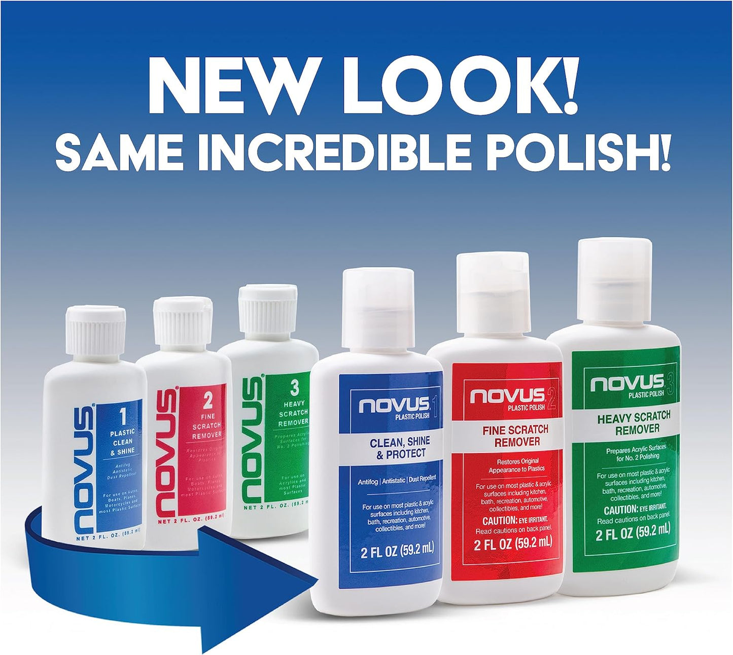 NOVUS-PK1-8 | Plastic Clean & Shine #1, Fine Scratch Remover #2, Heavy Scratch Remover #3 and Polish Mates Pack | 8 Ounce Bottles