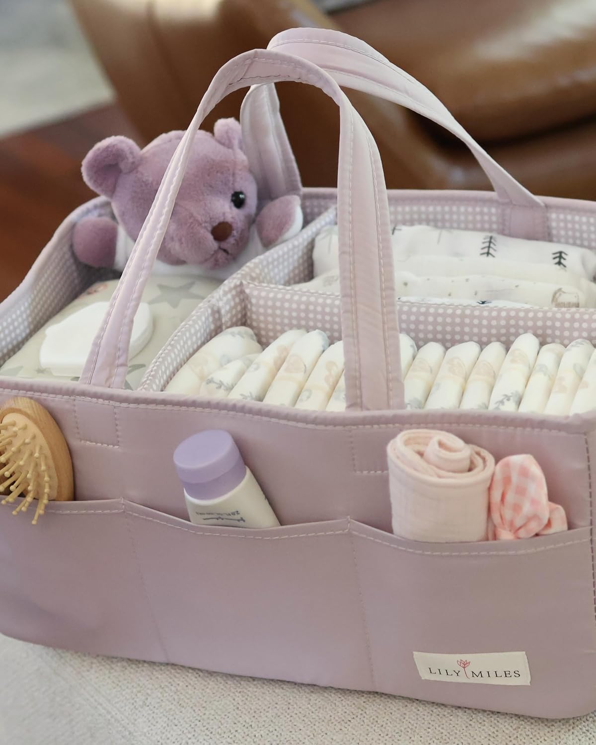 Lily Miles Baby Diaper Caddy Organizer, Wipeable Diaper Organizer Basket with 8 Pockets for Newborn Essentials, Baby Shower Gifts, Nursery Tote Bag for Changing Table or Car (Rosy Lilac, Large)