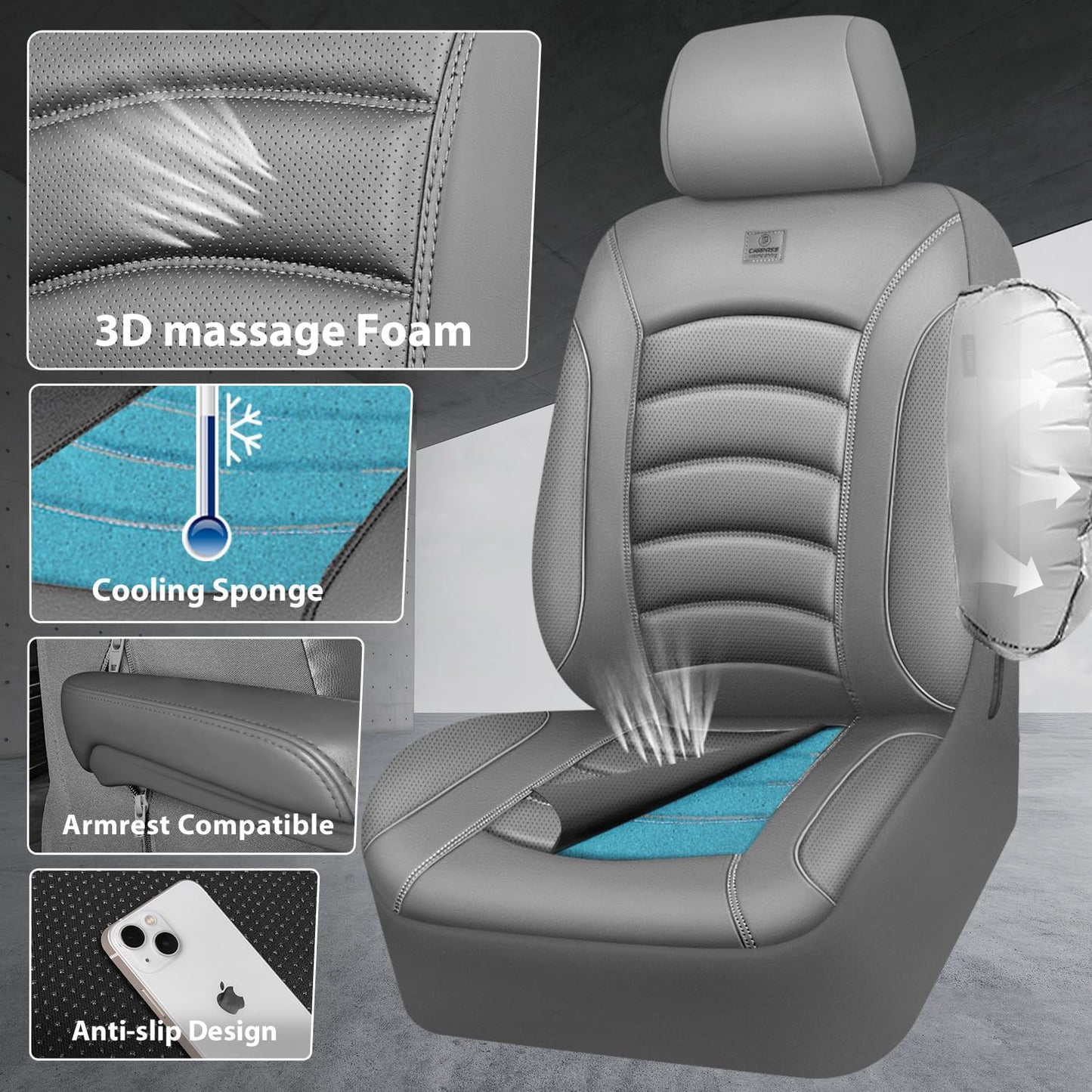 CAR PASS 3D Foam PU Leather Car Seat Covers, Universal Seat Covers Full Sets for Trucks SUV Sedan Automotive Seat Covers Armrest Airbag Compatible Waterproof Comfortable Faux Nappa Leather All Gray