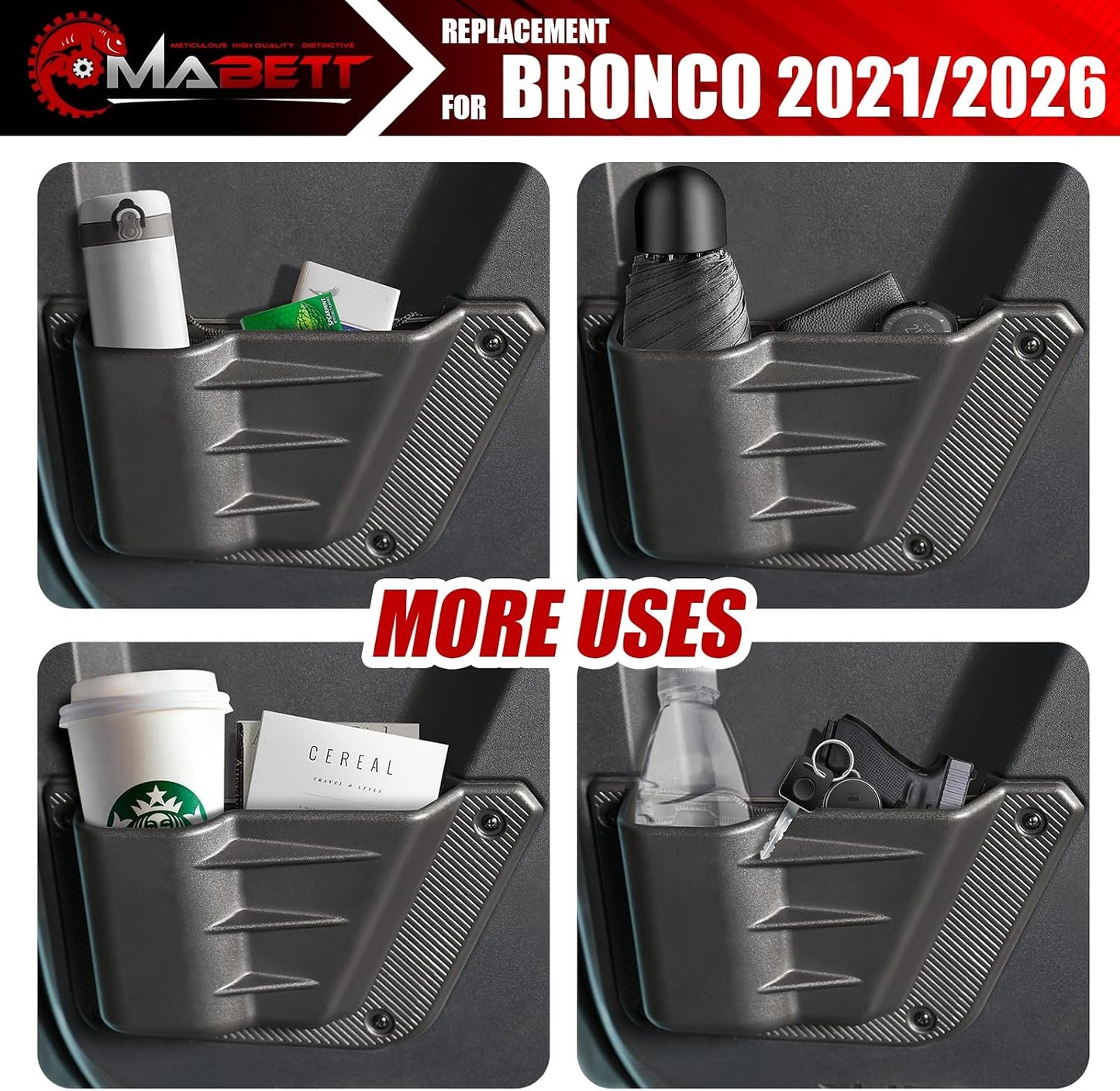 Mabett Rear Door Pocket for Ford Bronco Accessories 2026 2021-2025, Side Door Storage Box fit Bronco 4-Door, Drilling Required, Black