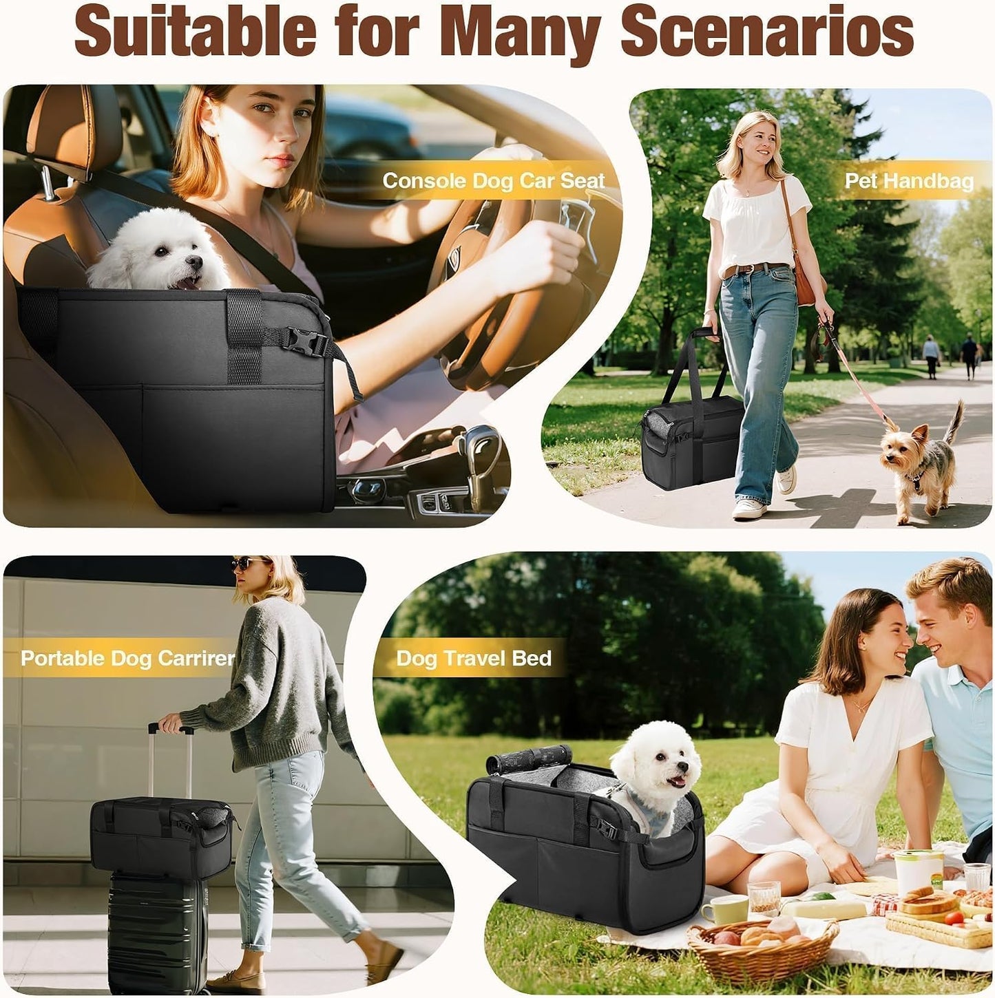 YUDODO Large Dog Car Seat for Center Console (Width＞9.5in) Fits 10-18lbs, Anti-Slip Puppy Cat Travel Portable Booster Seat, Luxury Pet Car Bed Carseat PU Leather Black