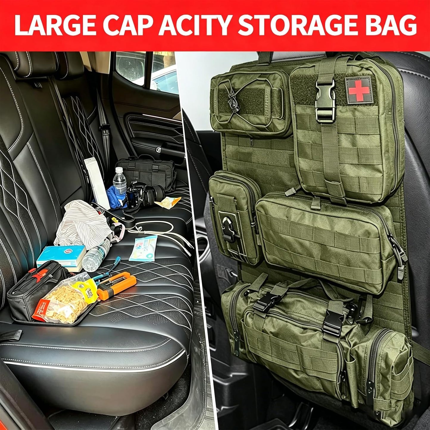Tactical Car Seat Back Organizer with 5 Detachable Molle Pouches, 600D PU Waterproof Vehicle Seat Back Storage Bag, Universal Fit for Car, SUV, Truck, Pickup, Truck (Green)
