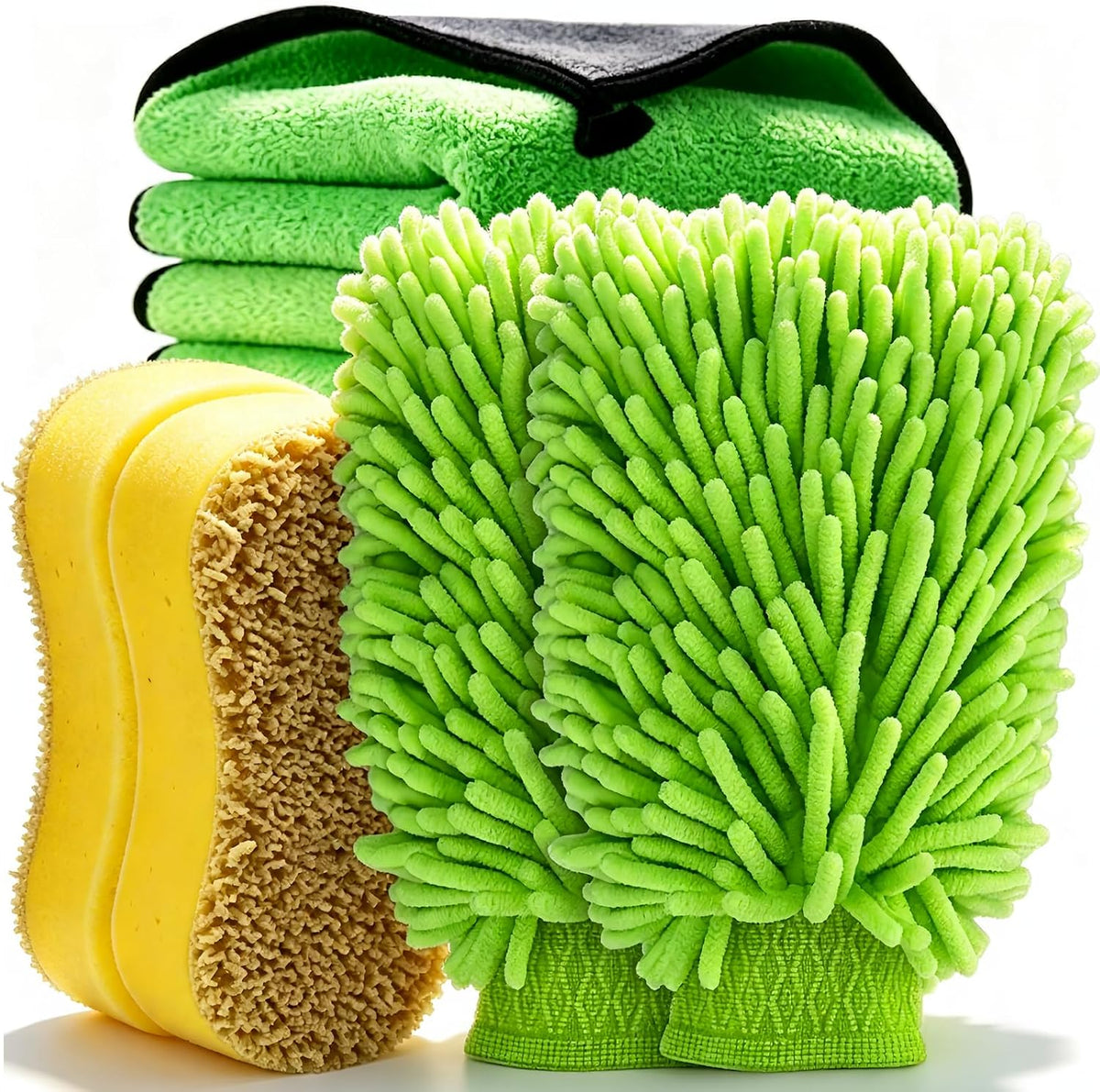 6PCS Microfiber Car Wash Mitt - Car Wash Gloves Kit with Microfiber Cleaning Cloth and Car Wash Sponge for Car Washing, Trucks, SUVs, Motorcycles Cleaning Detailing Polish