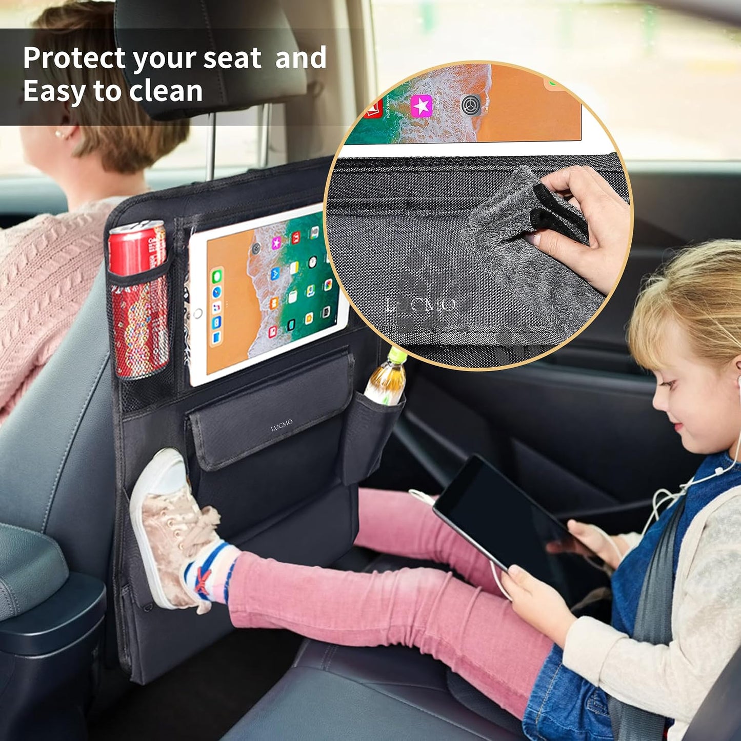 LUCMO Car Backseat Organizer with Touch Screen Tablet Holder, Black | 9 Storage Pockets,Clear Tablet Holder,Protectors Kick Mats,Travel Accessories,Seat Cover,Road Trip Essentials