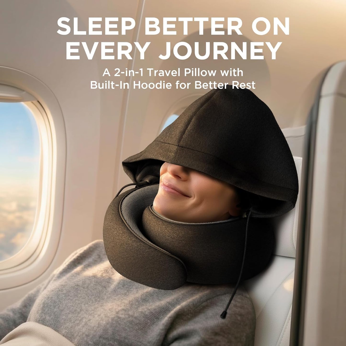 Dot&Dot Travel Pillow Neck Pillow with Hood for Airplane Sleeping, Memory Foam Pillow with Chin Support, Detachable Hoodie, Washable Cover, Adjustable Velcro Fit for Flights, Car & Office