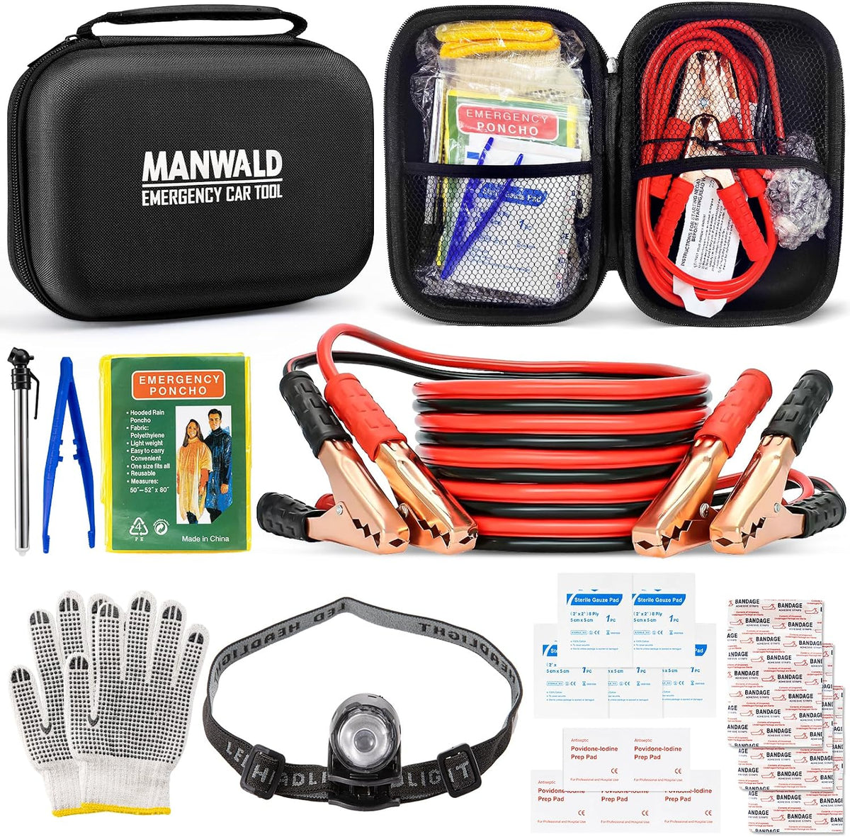 Emergency Car Tool Kit Roadside Assistance Tool Kit, Vehicle Safety Tool with Headlamp, Gloves and Jumper Cable Kit, Essential Car Accessories for Men, Women