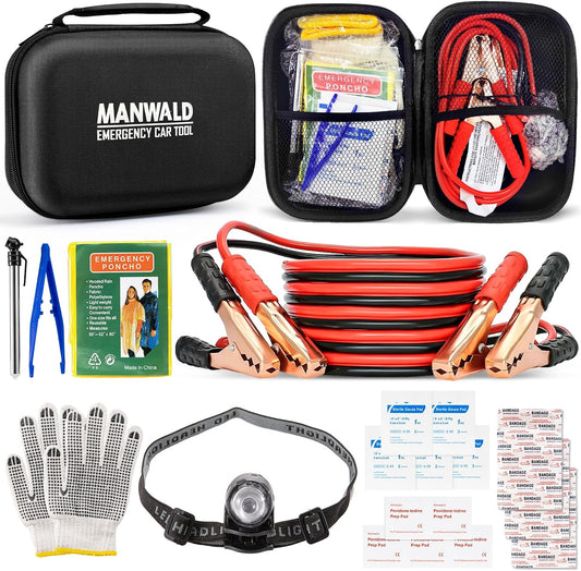 Emergency Car Tool Kit Roadside Assistance Tool Kit, Vehicle Safety Tool with Headlamp, Gloves and Jumper Cable Kit, Essential Car Accessories for Men, Women